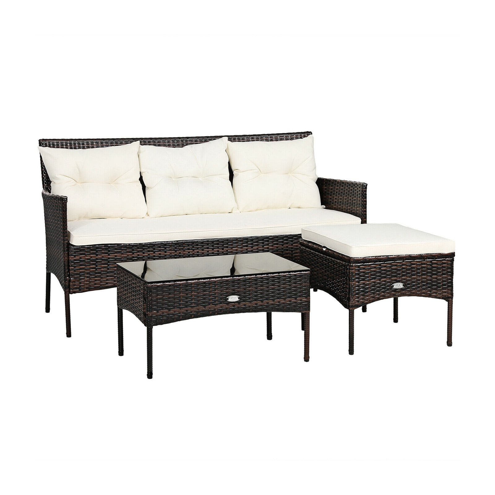 WELLFOR GIZHE354BE ZZ 3-Piece Patio Sectional Set Rattan Outdoor Sectional with White Cushions and Rattan Frame