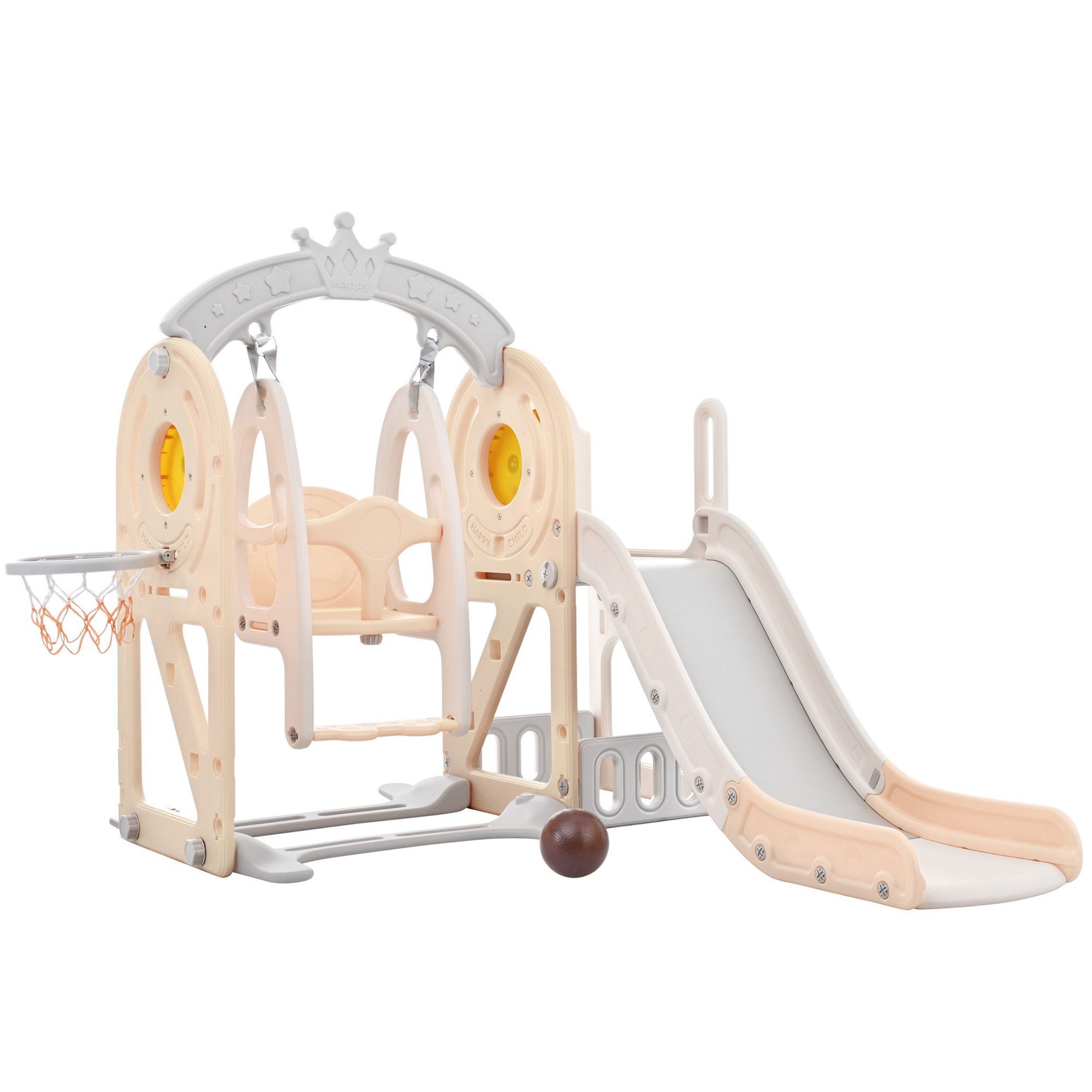 Miki Shinly Gray 5 In 1 Toddler Slide and Swing Set with Basketball ...