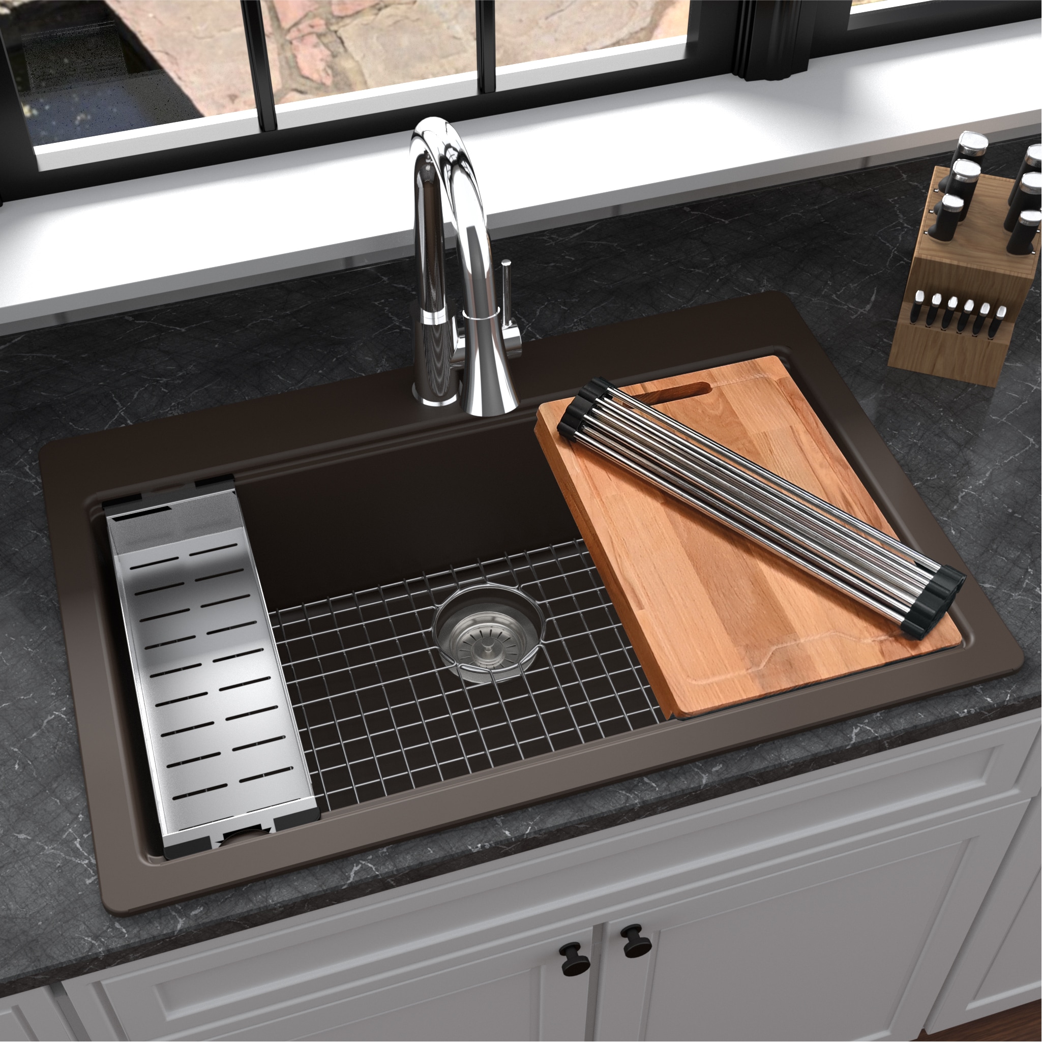 Karran QTWS-875-BR Drop-in or undermount 33-in x 22-in Quartz Single bowl 1-Hole Workstation Kitchen Sink