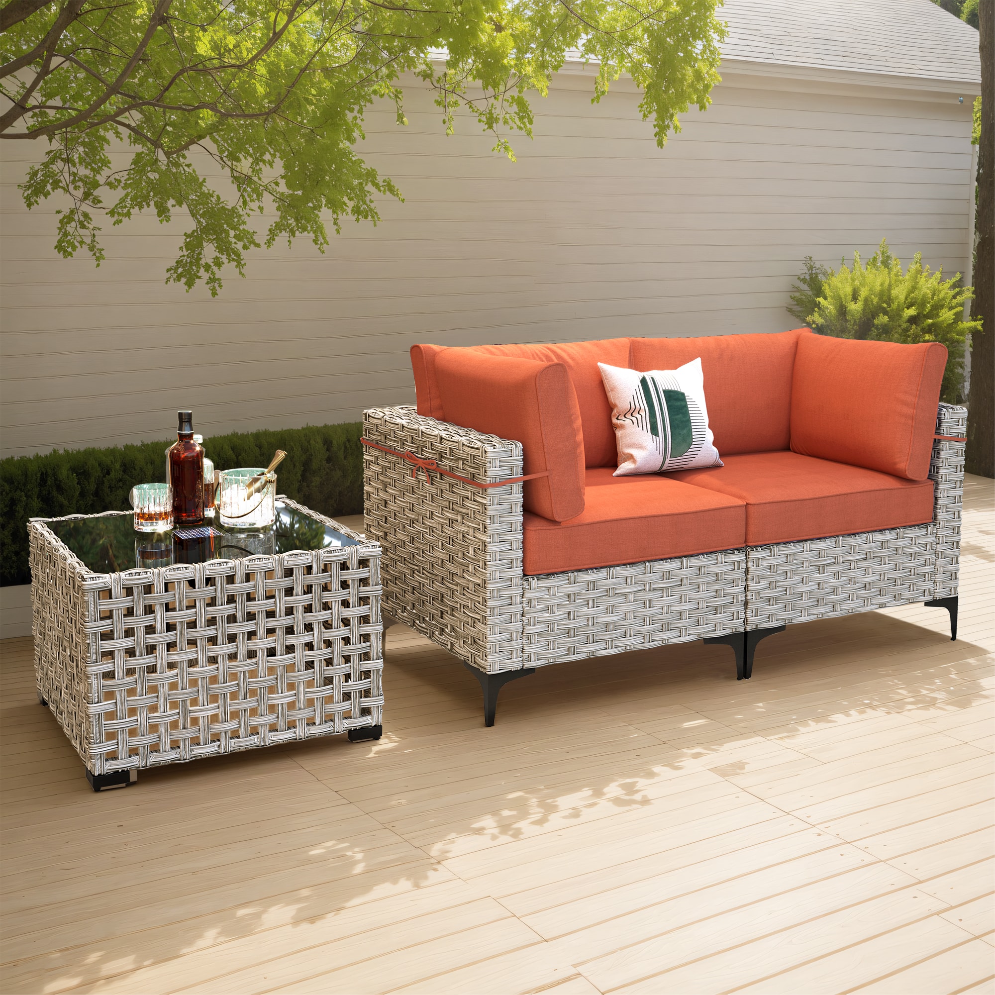 Pouuin SKT8C03 3-Piece Wicker Patio Conversation Set with Red Cushions
