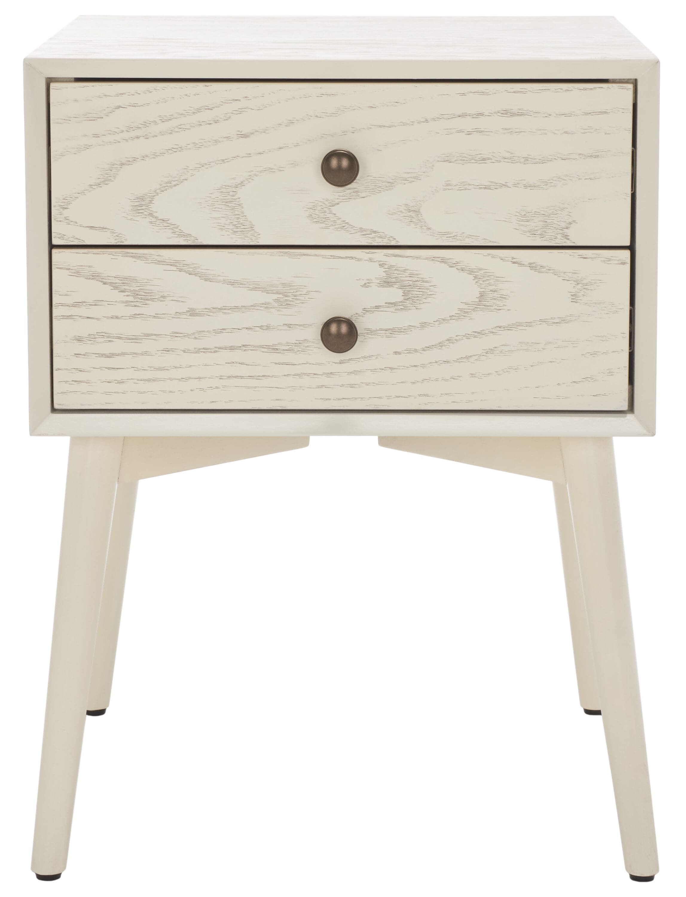 White Washed and Antique Gold 2 Drawer Mid-Century Nightstand