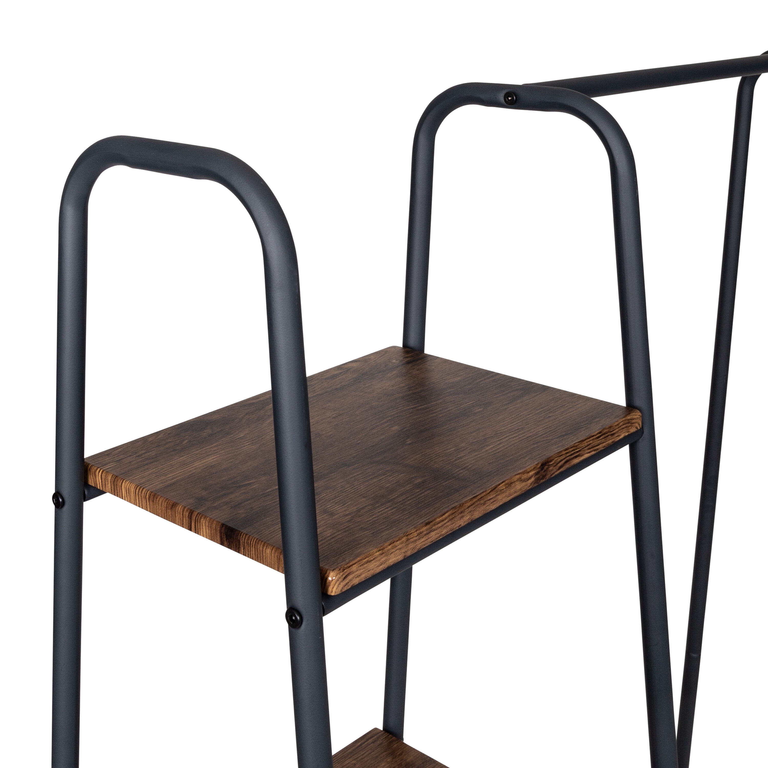 Black Industrial Garment Rack with Medium Wood Shelves