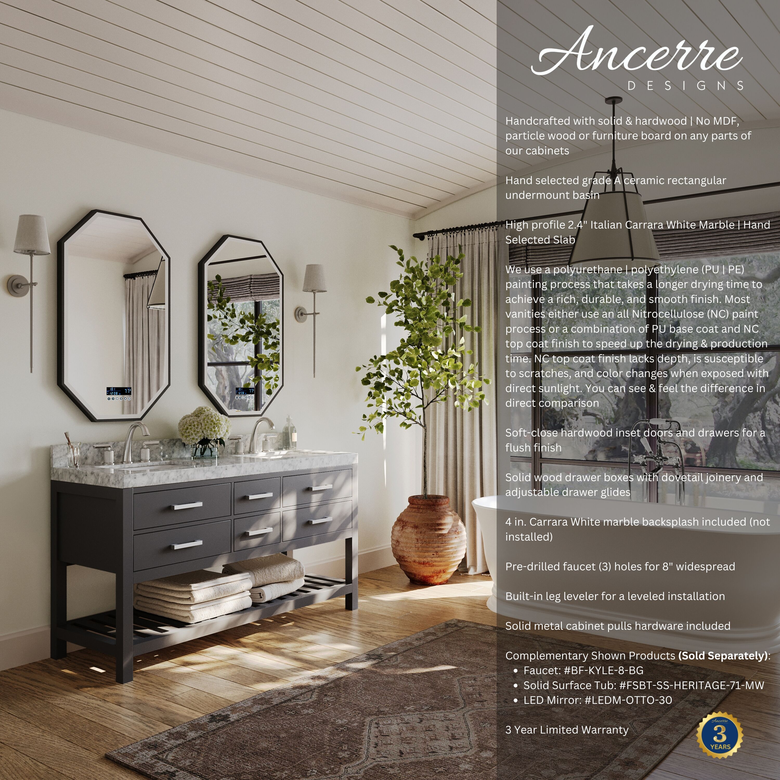 Elizabeth 60'' Sapphire Gray Double Vanity with Carrara Marble Top
