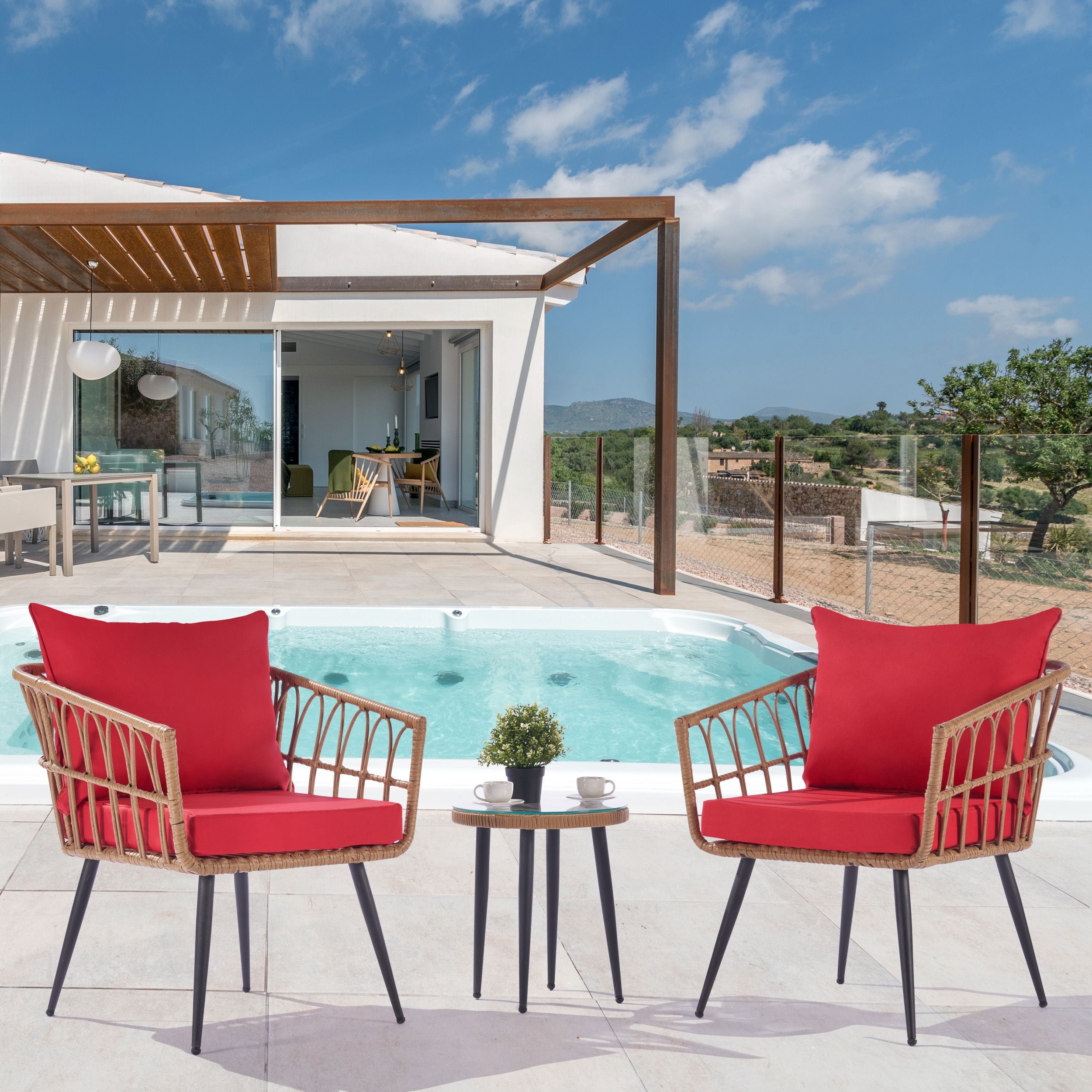 SANSTAR LRS-BS64RD Patio Coversation Set 3-Piece Wicker Patio Conversation Set with Red Polyester Cushions