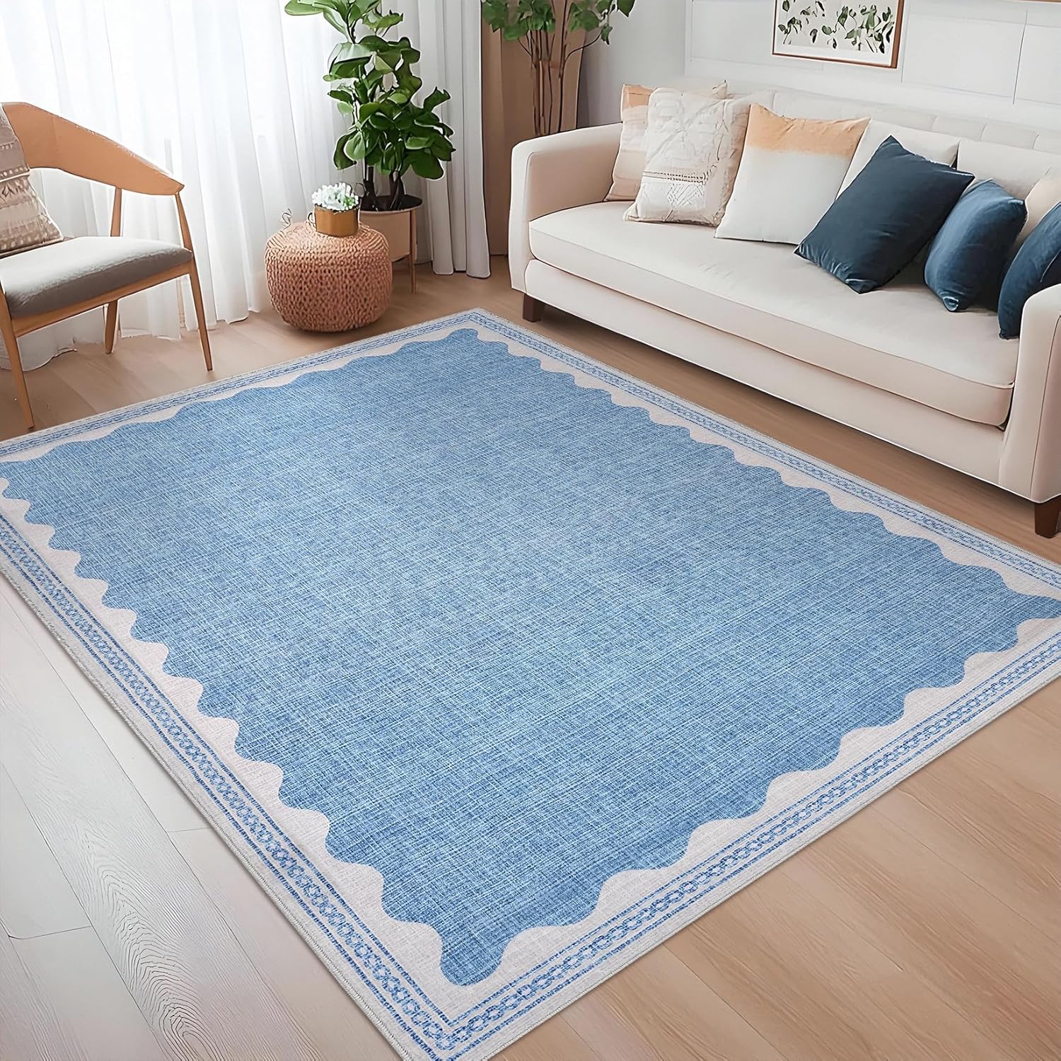 IdealHouse Modern Bordered Rugs for Living Room 8x10 Large Washable Rug Non Slip Low Pile Ultra Soft Carpet Foldable Non Shedding Stain Resistant Floor Cover for Bedroom Playroom Nursery Office Dorm Blue #LUCY-V7Q3IJ65KEY0