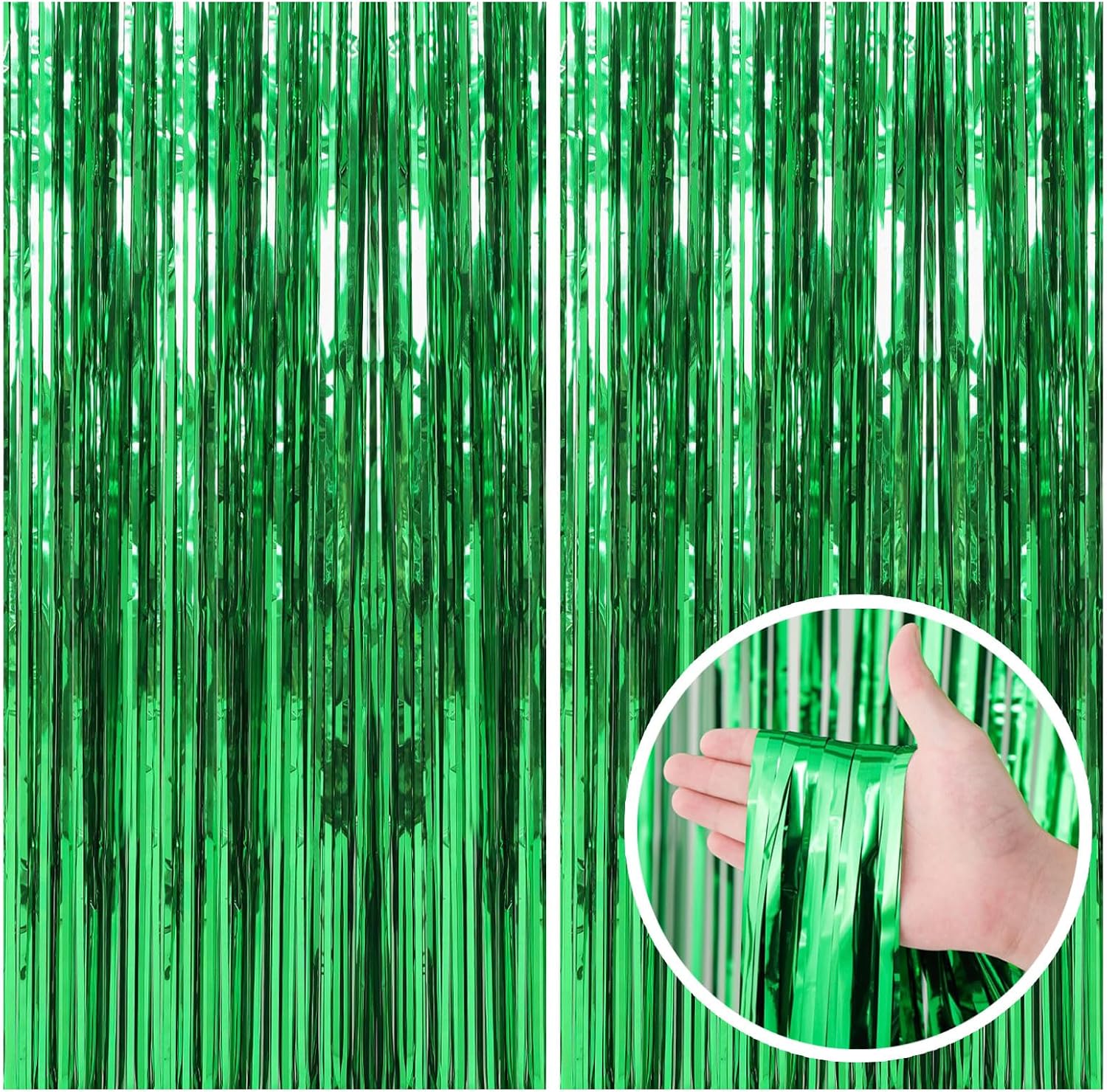 TONIFUL B0CDGY5LD6 2 Pack Green Streamers Backdrop Jungle Party Decorations Foil Fringe Backdrop Curtains Photo Booth Backdrop for Birthday Dinosaur Animal St Patrick's Day Football Christmas Party