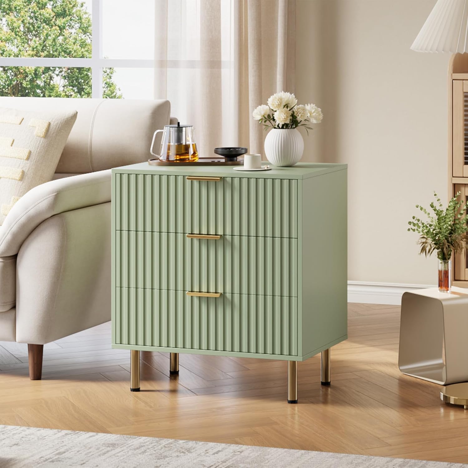 green 3 drawer dresser Garvee for Bedroom Fluted Modern Nightstand with Deep Drawers Chest of Drawers with Wide Top Wooden Dresser Organizer Side pcat-516