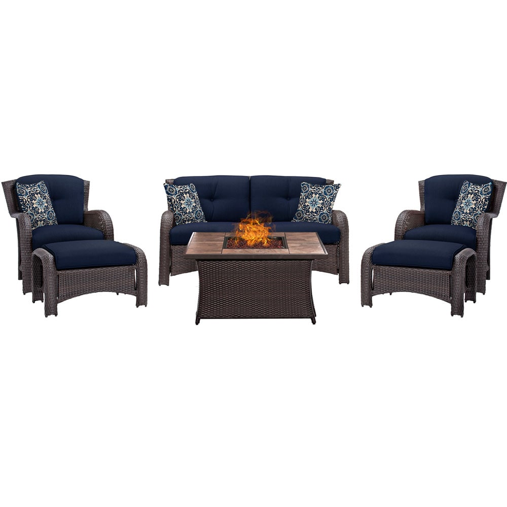 Hanover STRATH6PCFP-NVY-TN Strathmere 6-Piece Patio Conversation Set with Blue Cushions