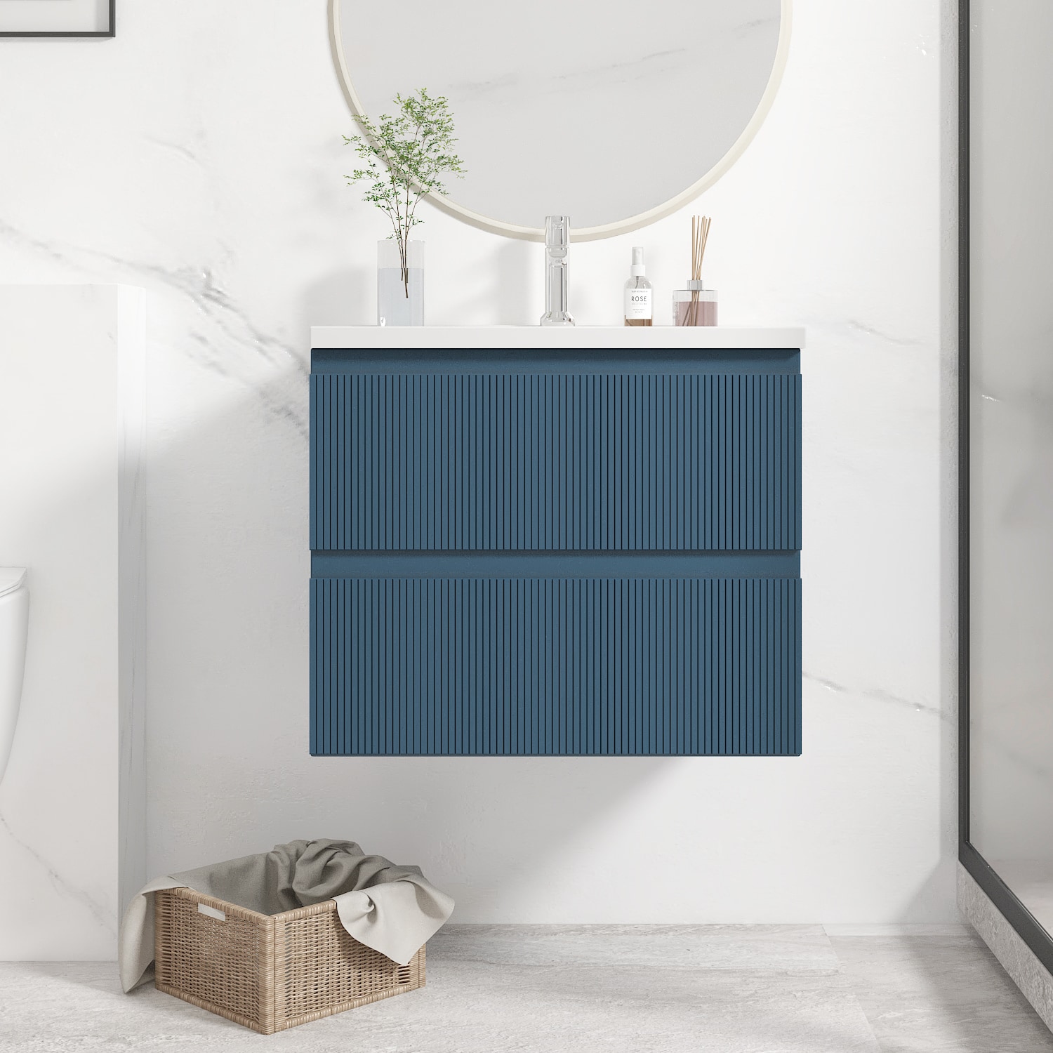 WONLINE USBR6071 26-in Blue Undermount Single Sink Floating Bathroom Vanity with White Porcelain Top (Faucet Included)