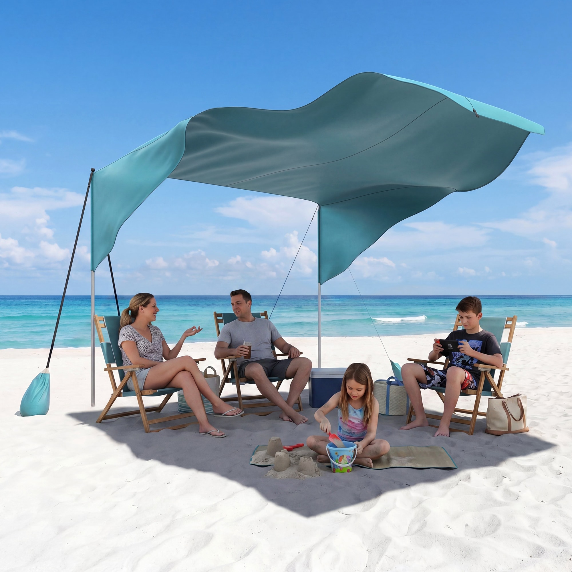 DOCRED  10x10 FT Beach Shade Canopy UPF 50+ Wind Powered Portable Beach Tent Sun Shelter with Sandbags Ground Pegs Ropes and Poles Easy Setup Outdoor Sun Shade Fits 6 People Aqua