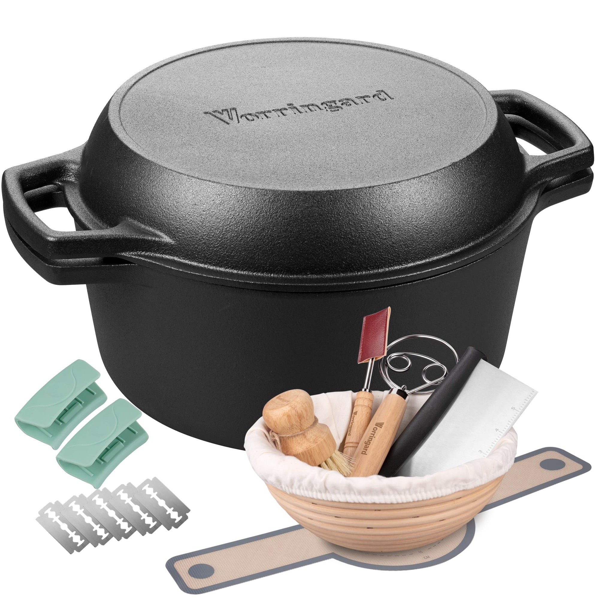 DHMHD  Preseasoned Cast Iron Double Dutch Oven Pot with Skillet Lid and Bread Proofing Basket 5 Quart for Bread Baking Outdoor Campfire Cooking