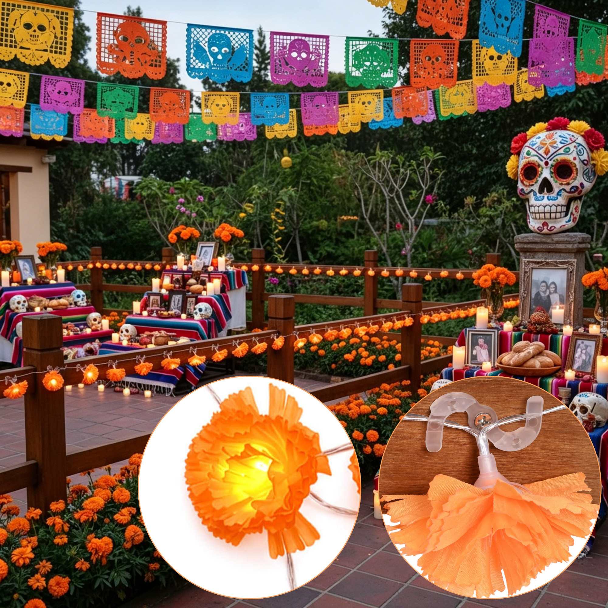 Yescom  2 Pcs 20-FT 40 LED Marigold String Lights with 100 S-Hooks and Screws for Fence Door Yard Halloween Diwali Fall Decor