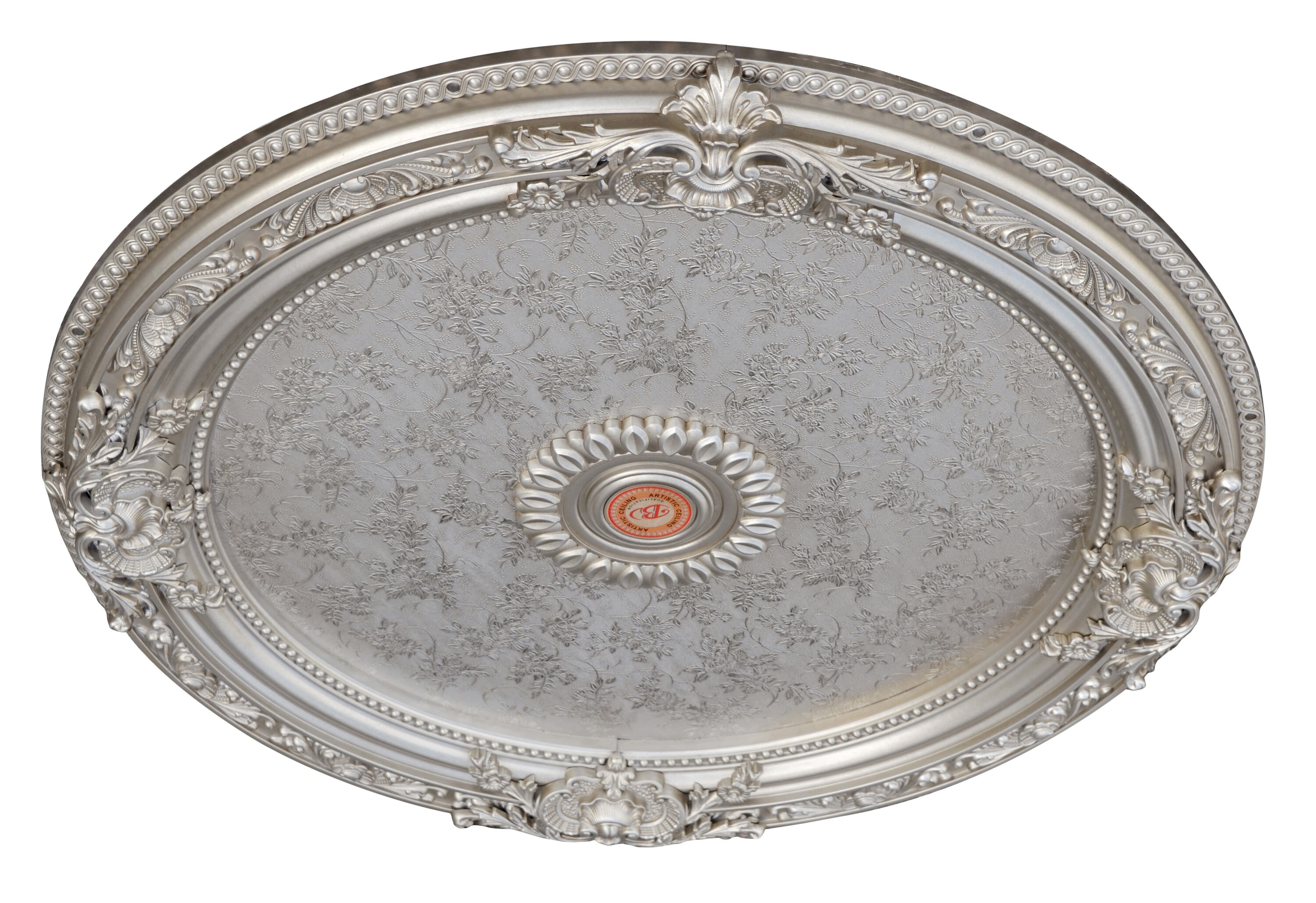 Antique Silver Round Chandelier Ceiling Medallion with Floral Design, 36 Inches