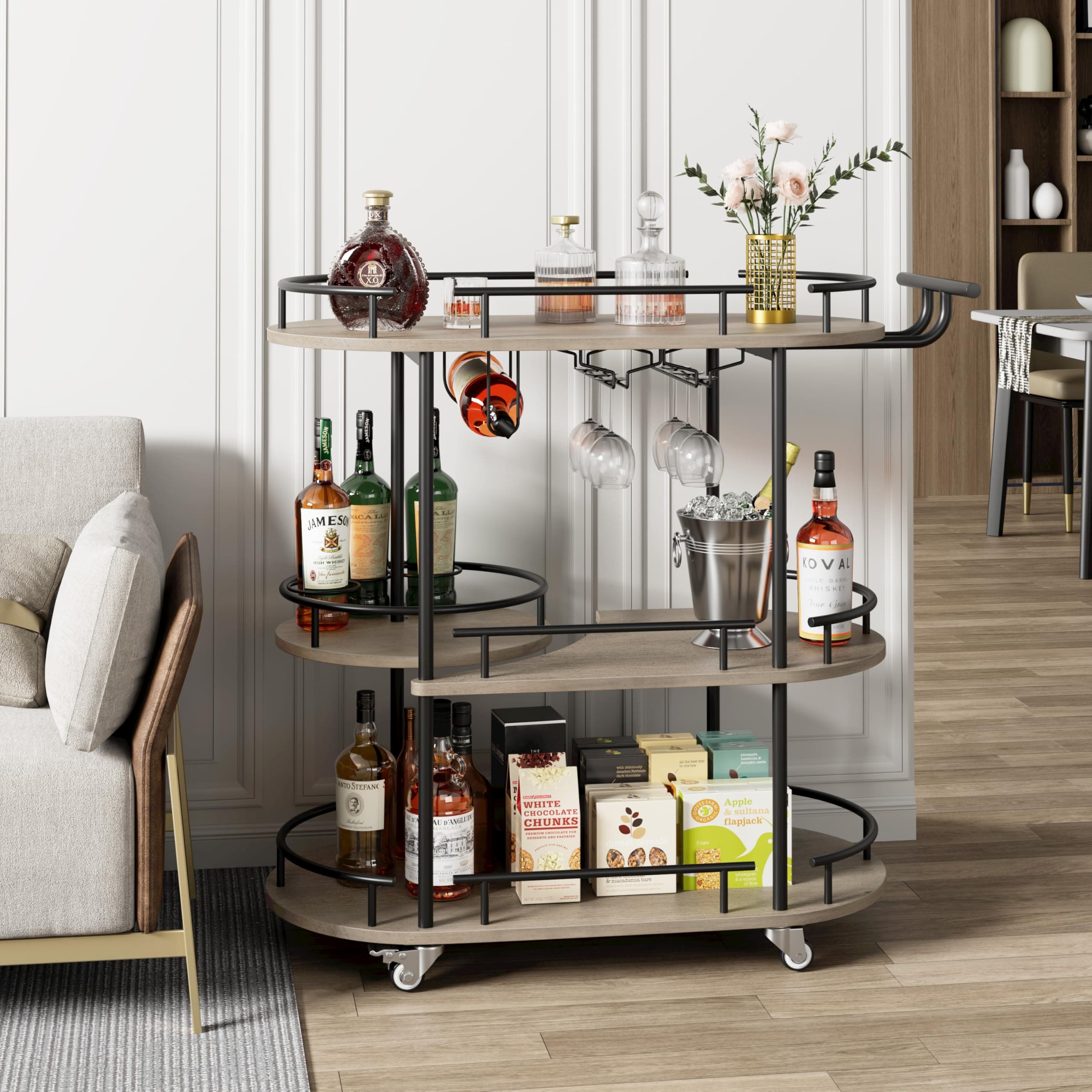 IdealHouse Contemporary 3 Tier Black and Gray Bar Cart with Wine Rack and Glass Holder Mobile Serving Cart on Wheels Storage Shelves