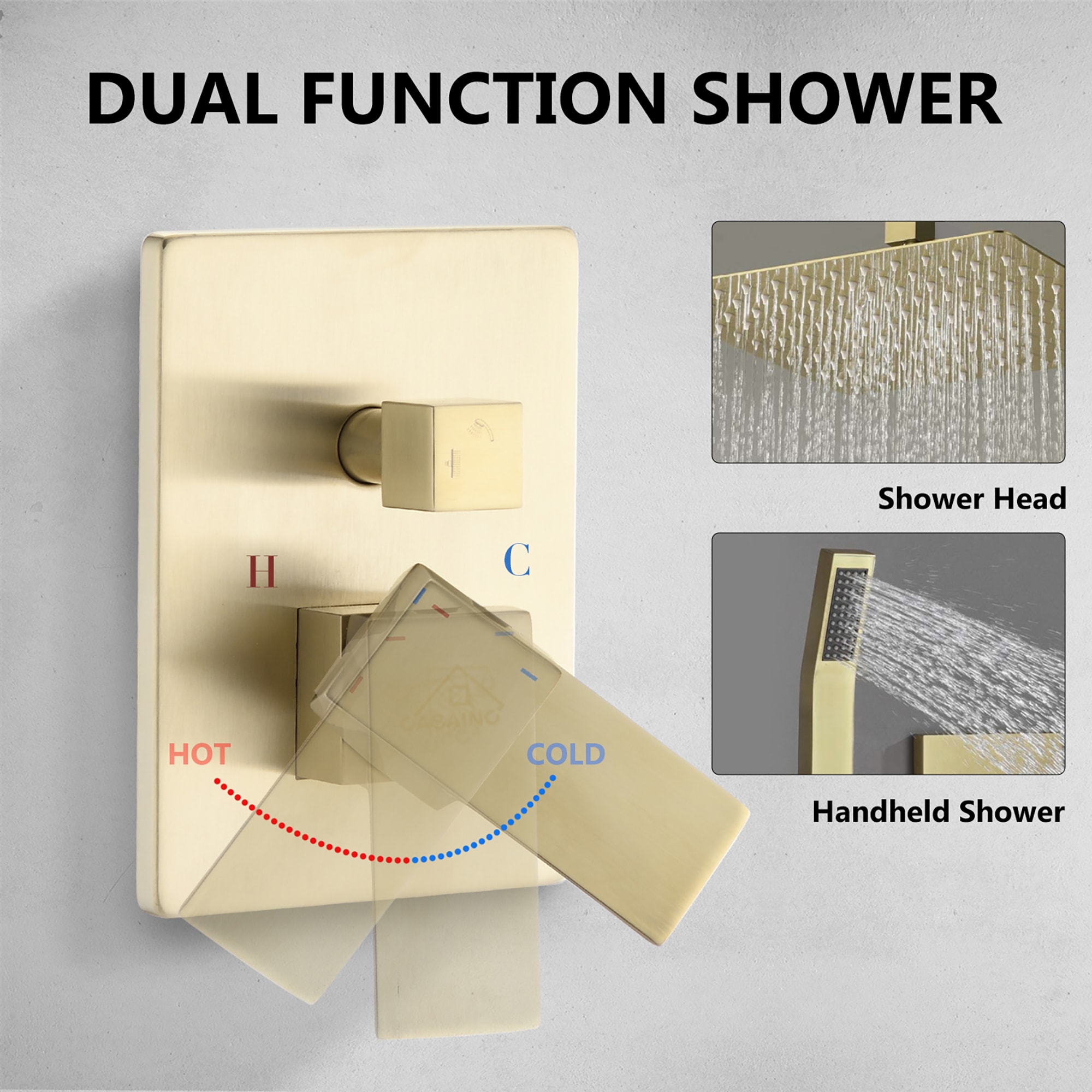 CASAINC Brushed Gold 16-in Built-In Shower Faucet System with 2-way ...