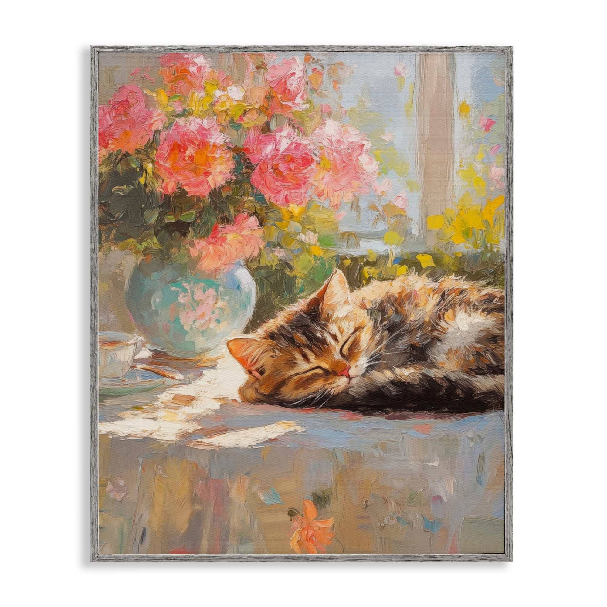 Stupell Industries BT-940-GFF-24X30 Sleeping Kitten and Flower Vase Gray Framed Giclee Art By Nini Art 24 x 30