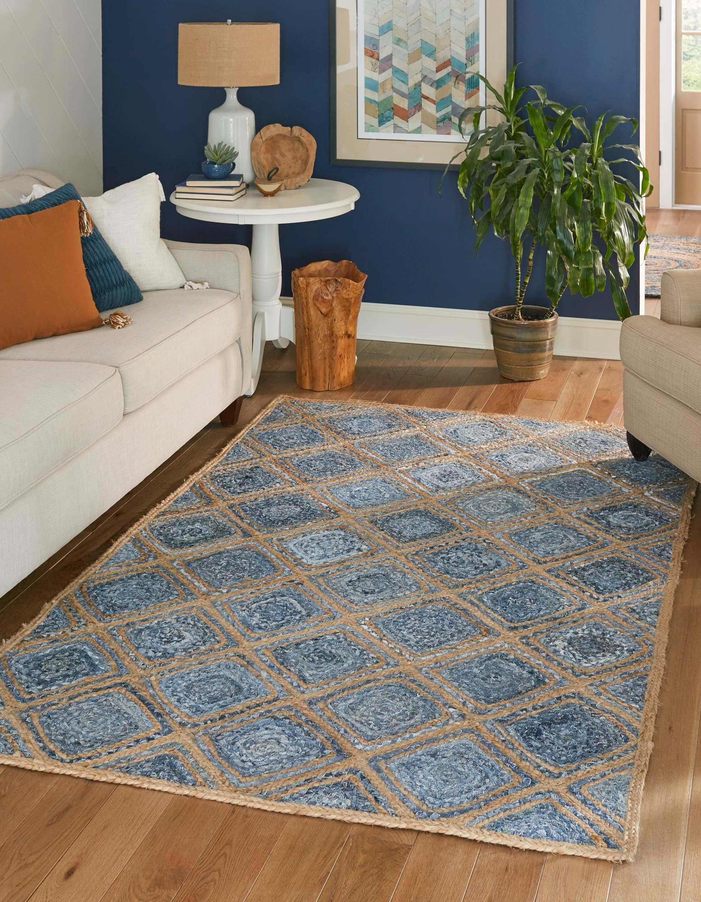Unique Loom 3138955 Braided Jute 5 x 8 (ft) Braided Cotton Blue Rectangular Indoor Geometric Area rug