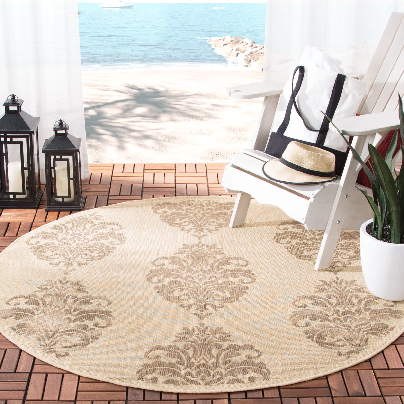 Safavieh CY2720-3001-7R Courtyard Bermuda 7 x 7 (ft) Loomed Polypropylene Natural/Brown Round Indoor/Outdoor Damask Coastal Area rug