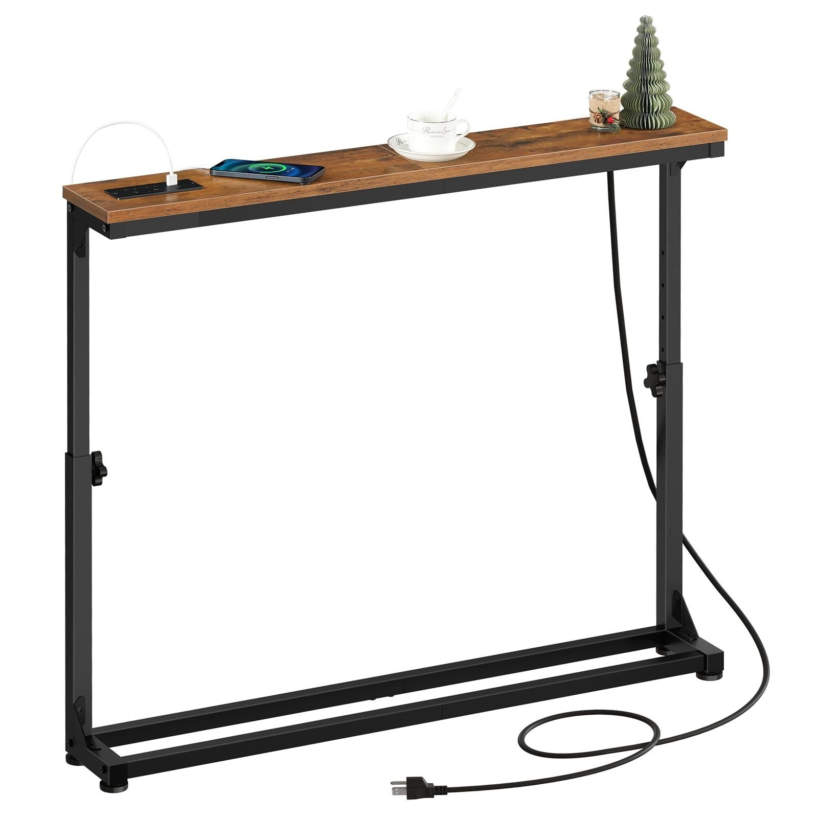 Slickblue 25-32.9 Inch Adjustable Height Console Table with Charging Station and USB C Port (Brown) Narrow Design for Behind Sofa Entryway or Living Room