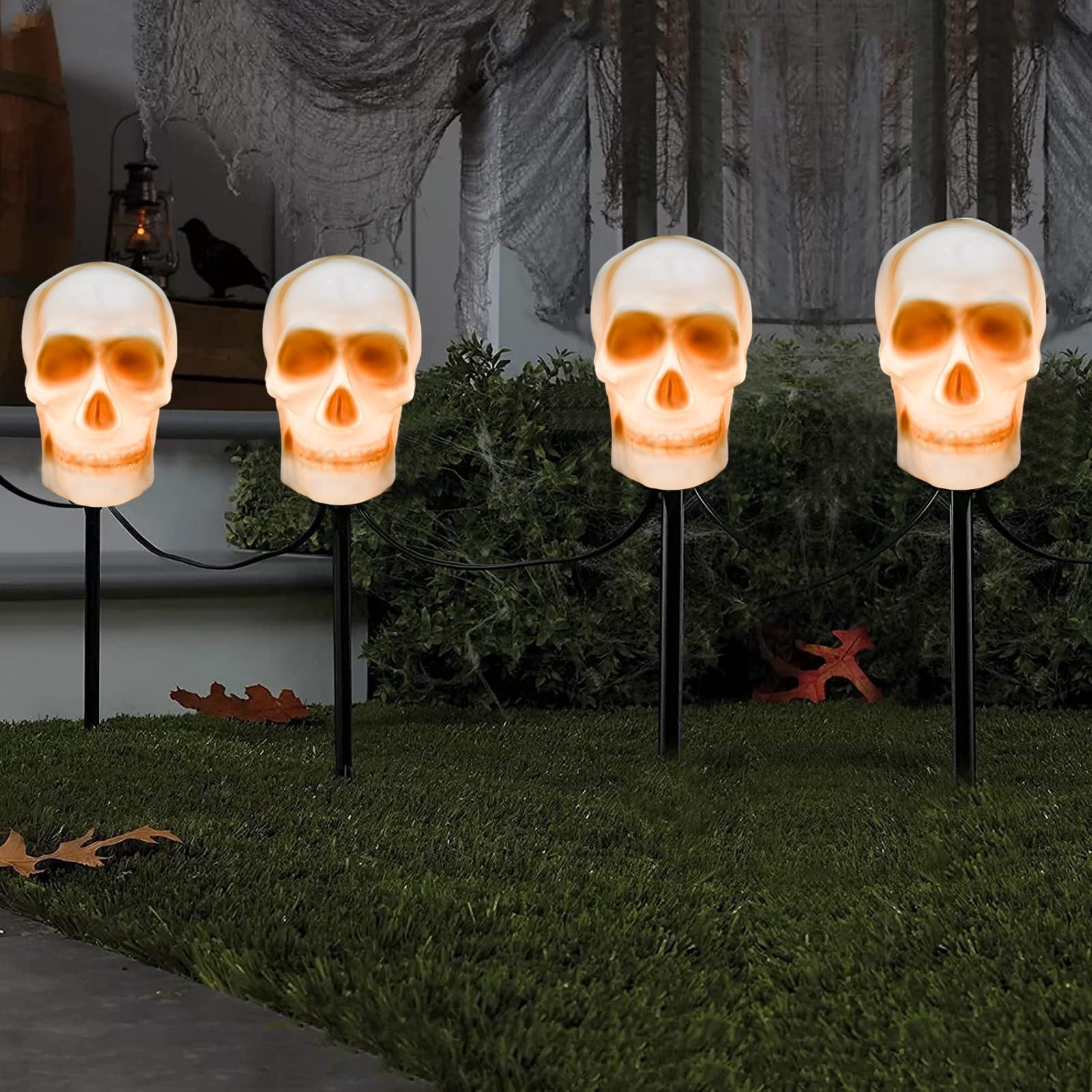 Oyezvary  Halloween Skull Pathway Stake Lights 7 FT Outdoor String Lights with 4 C7 Bulbs Connectable Waterproof Walkway Marker for Garden Yard