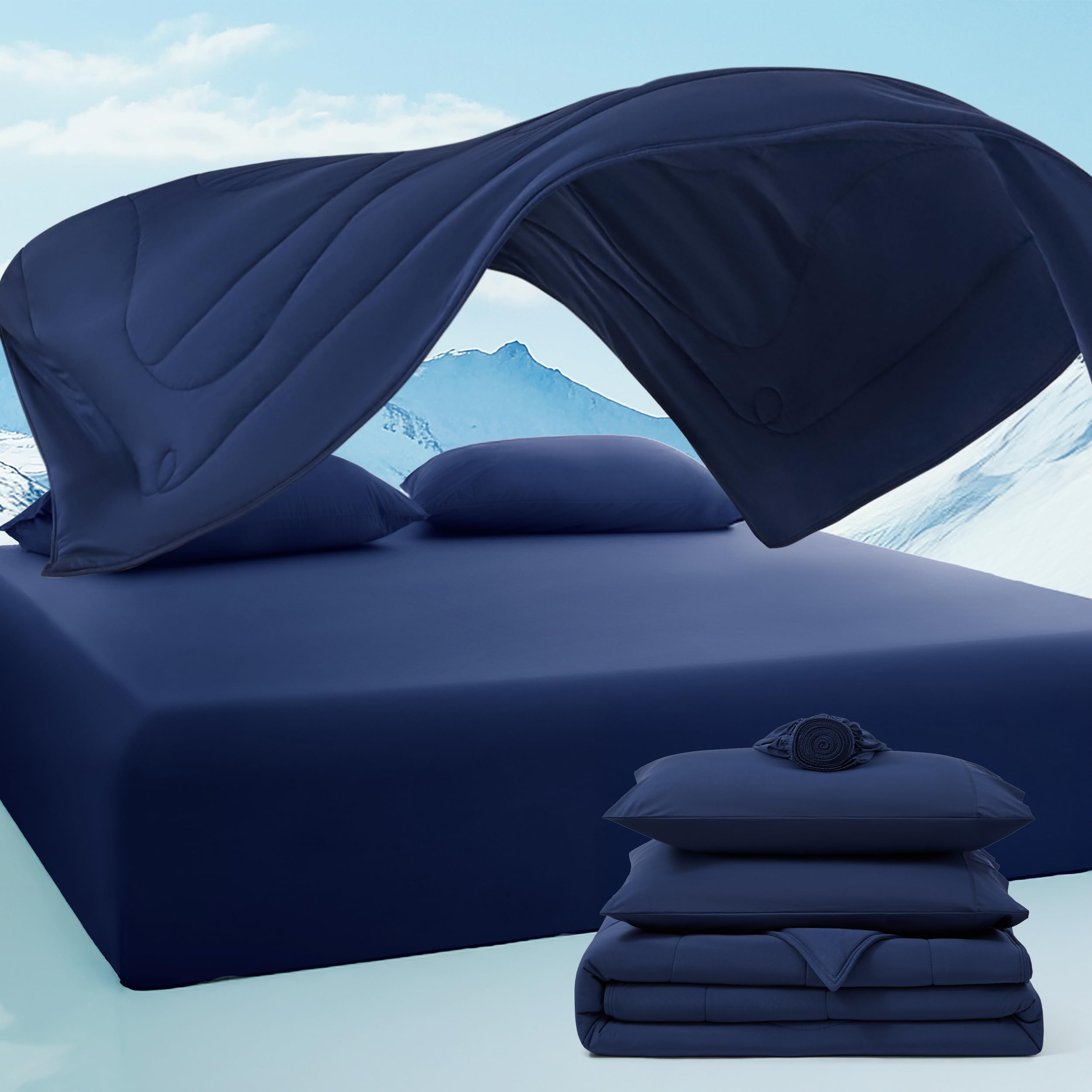 Bedsure Breescape Cooling Comforter Set - Ultra Comfort 4pcs with Queen Size Cooling Blanket, Wrinkle-Free Deep Pocket Fitted Sheet, 2 Breathable Pillowcases for Skin and Hair Bedding Set, Twilight Blue