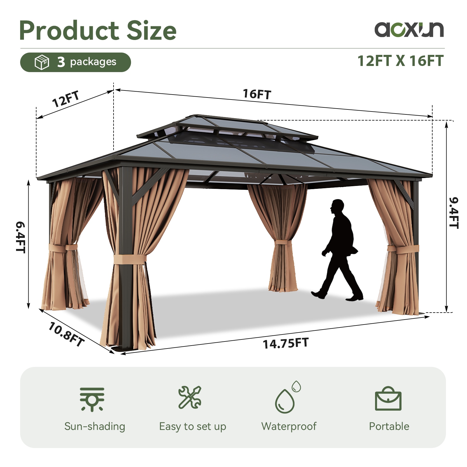 12' x 16' Beige and Black Aluminum Hardtop Gazebo