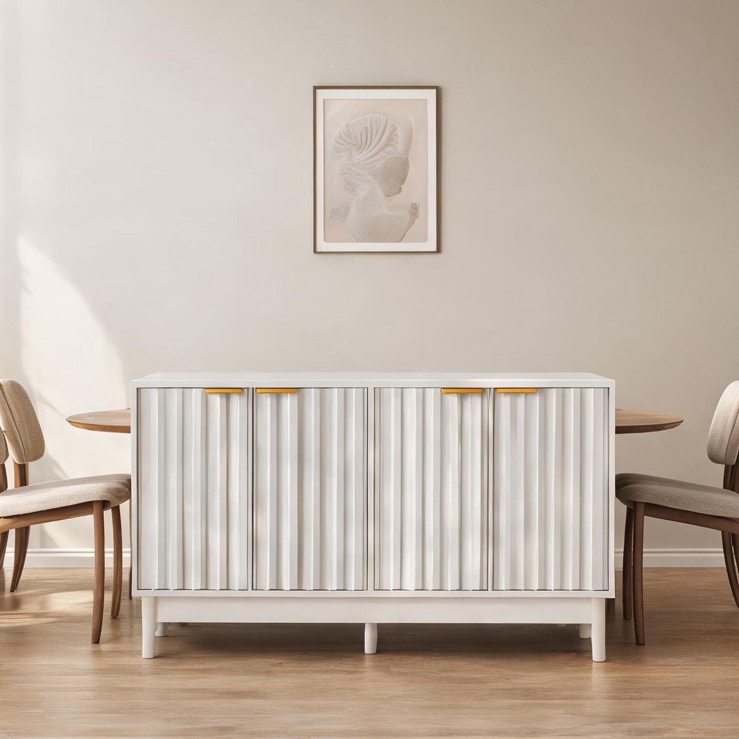Naturefalls - Cabinet combining Metal Frame and Shelving with Classic White Buffet and Storage