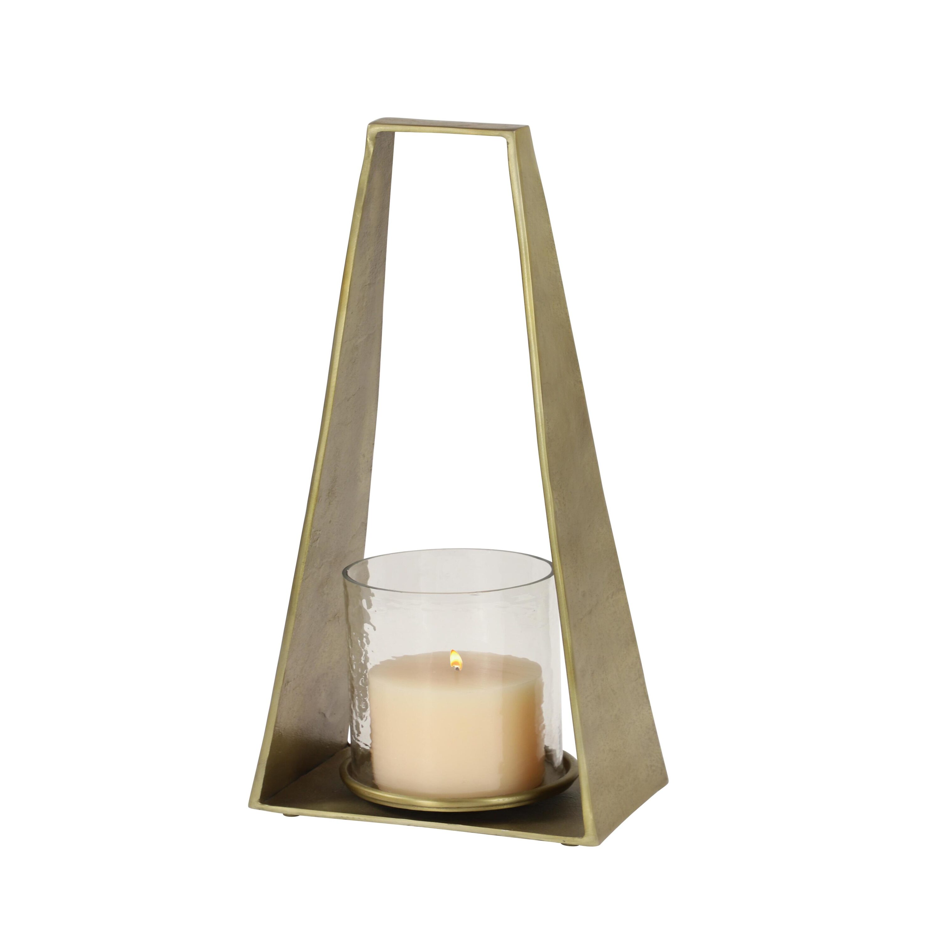 Large Gold Metal and Glass Hurricane Candle Lantern