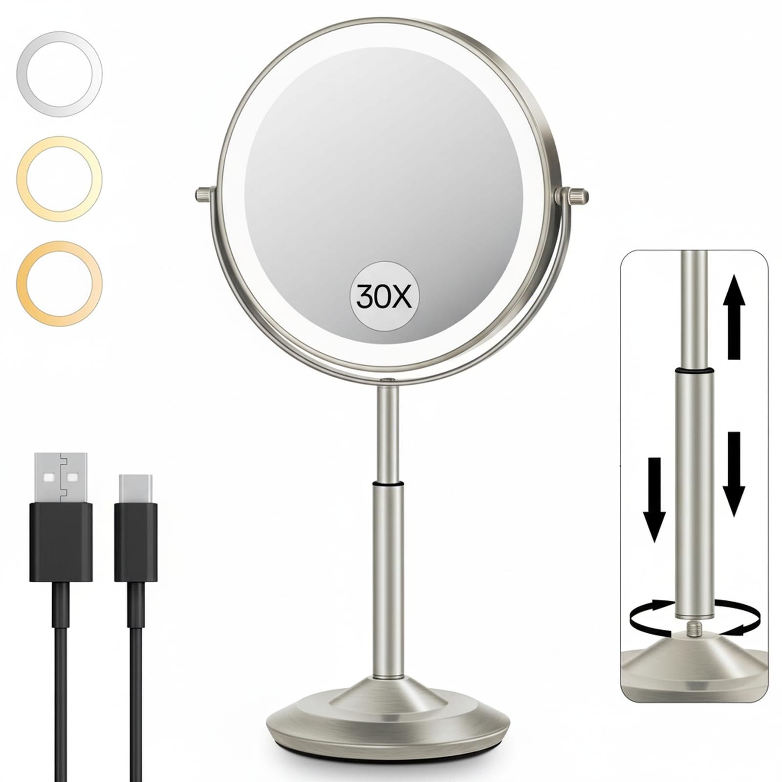 OMOMMD 30x/1x Magnifying Vanity Mirror with Lights Height Adjustable 3 Lighting Brightness 3000mAh Rechargeable Double Sided Desk Women Gift
