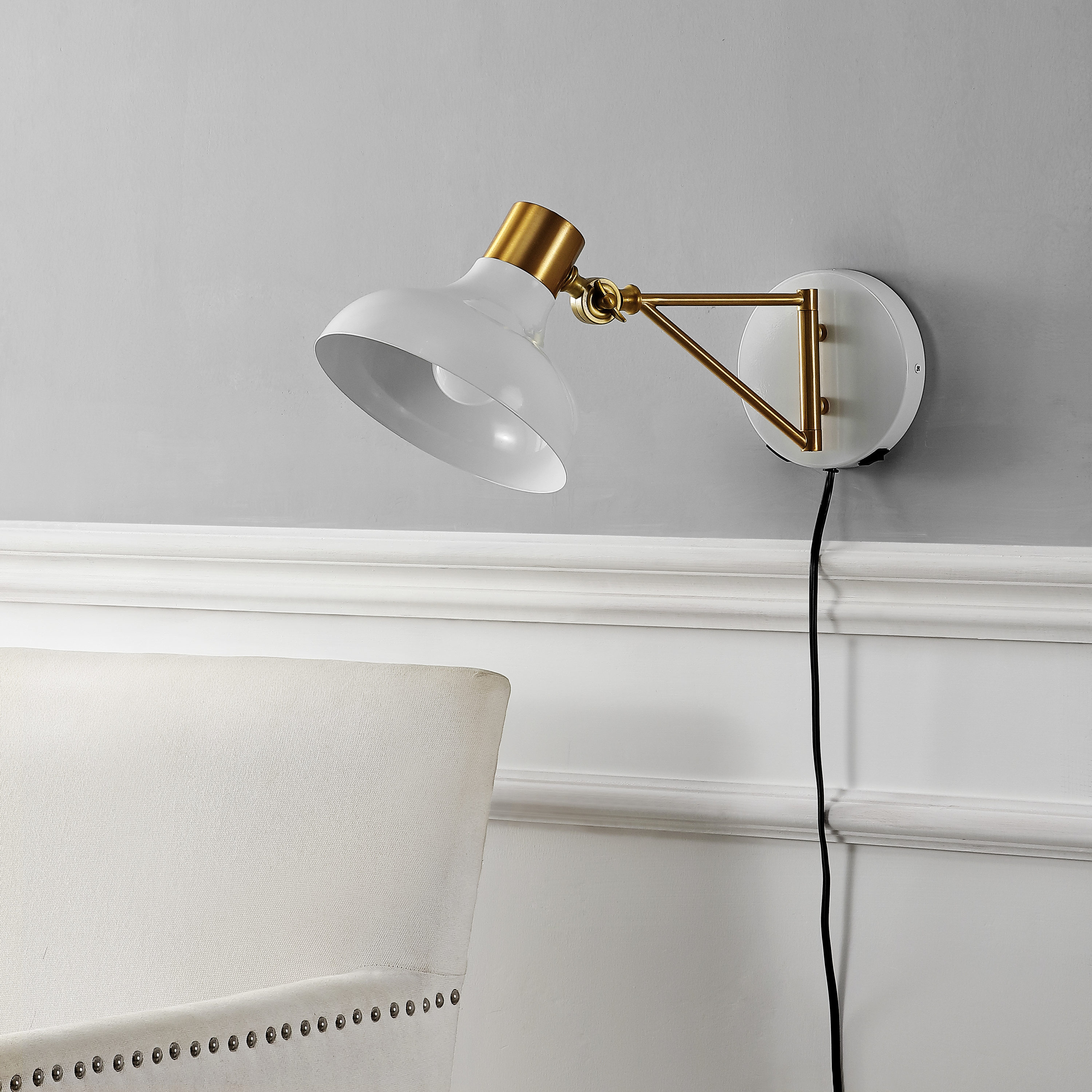 White and Brass Gold Iron Swing Arm Wall Sconce with USB Charging Port