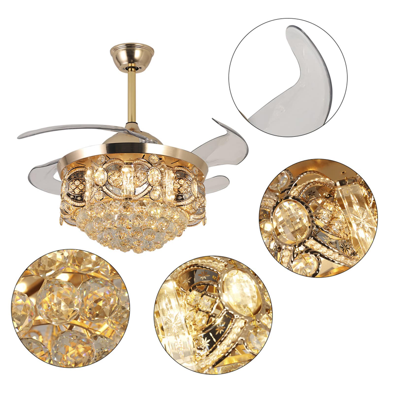 Gold Crystal 42'' Retractable Blade Ceiling Fan with Remote