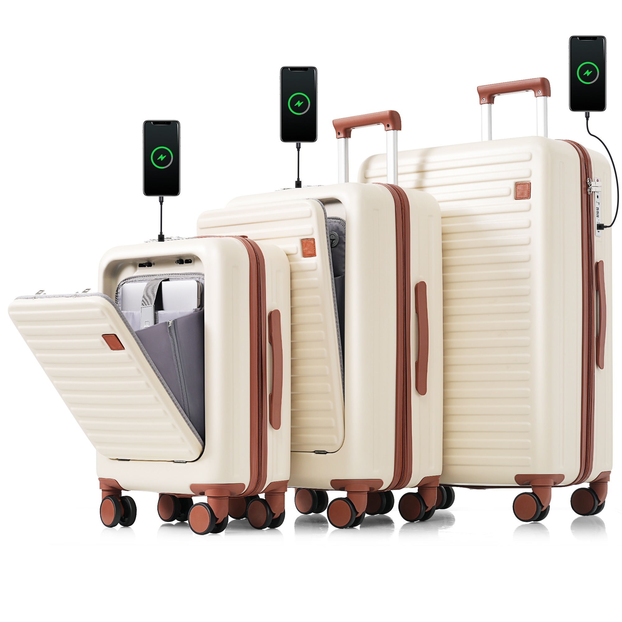 Tinyhomie Luggage Set of 3 20/24/28inch with USB Port 20 24inch with front opening design Airline Certified Carry on Luggage with Cup Holder ABS Hard Shell Luggage with Spinner Wheels ivory and brown