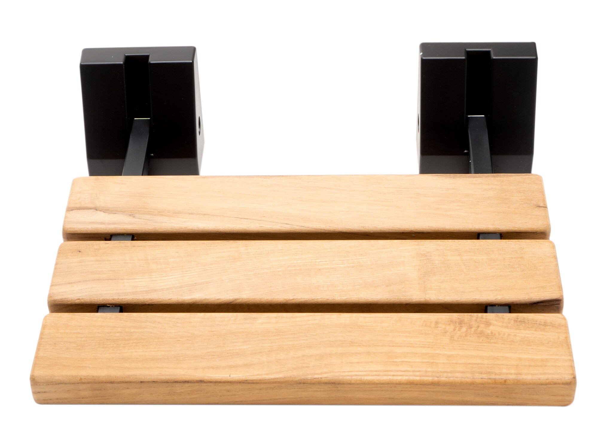 Foldable Teak and Black Matte Shower Seat with Square Hardware