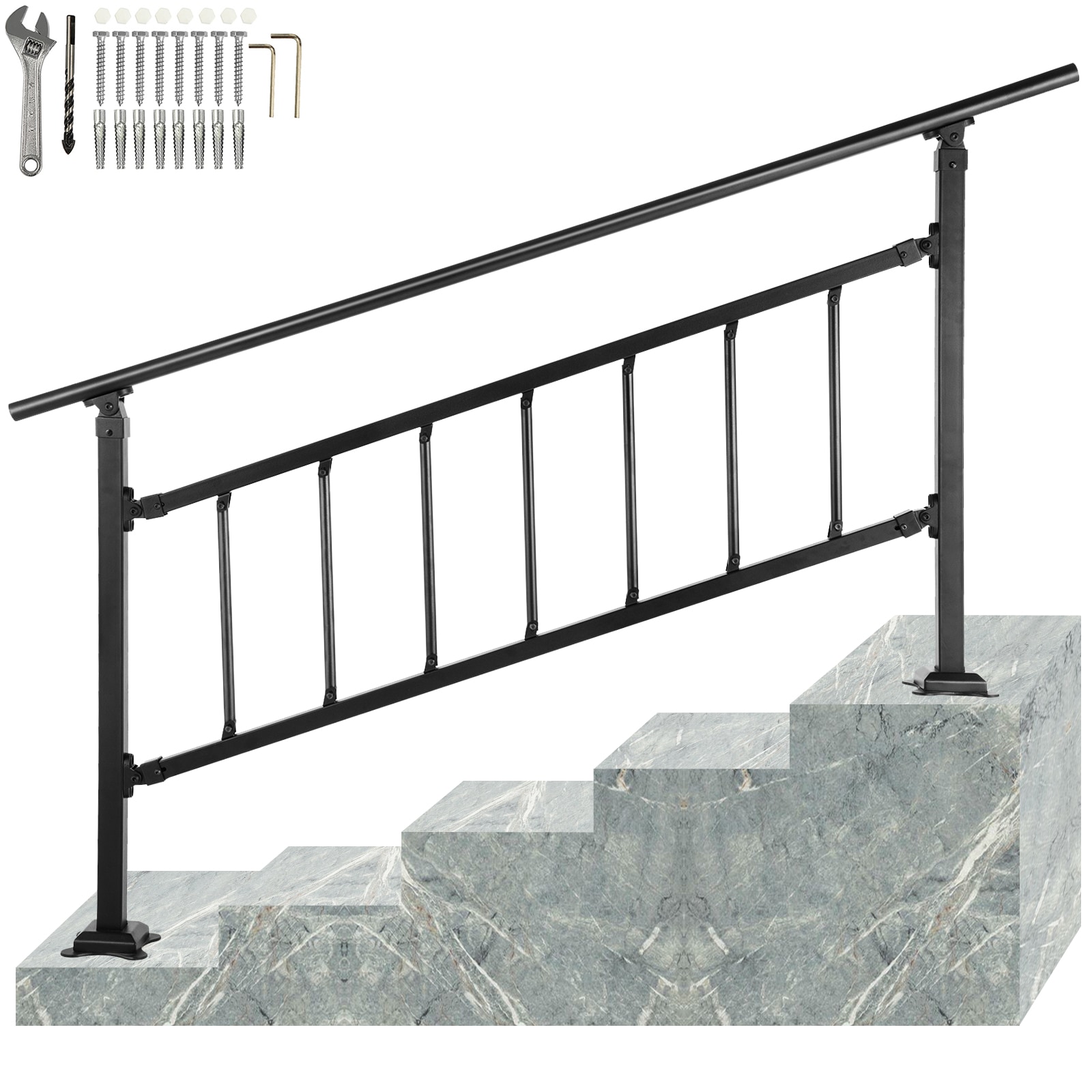 Outdoor Stair Railing Fits for 1-5 Steps Transitional Wrought Iron Handrail Adjustable Exterior Stair Railing with Fence Handrails for Concrete Steps with Installation Kit Matte Black