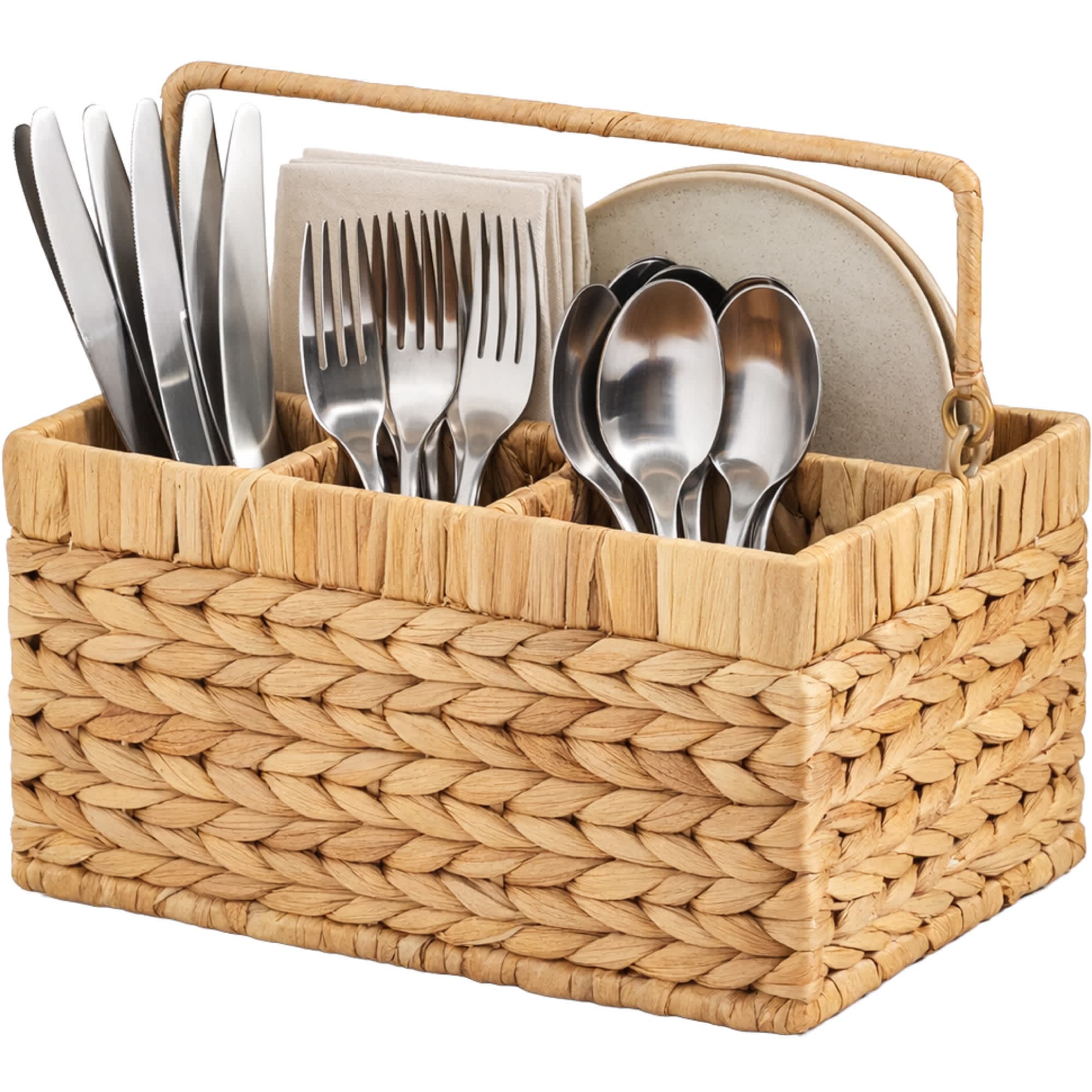 Best Choice Products  Handwoven Silverware Organizer w/ Handle 4 Compartment Flatware Organizer - Natural