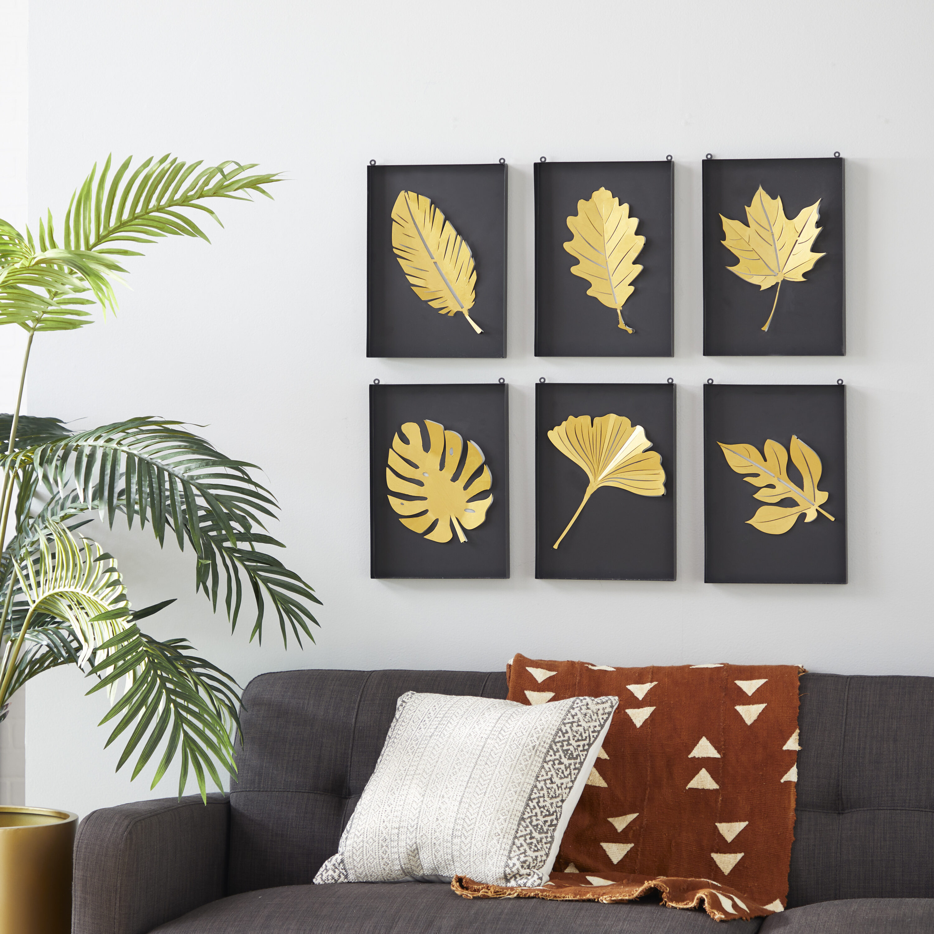 Hollywood Glam Black and Gold Metal Leaf Wall Sculpture Set