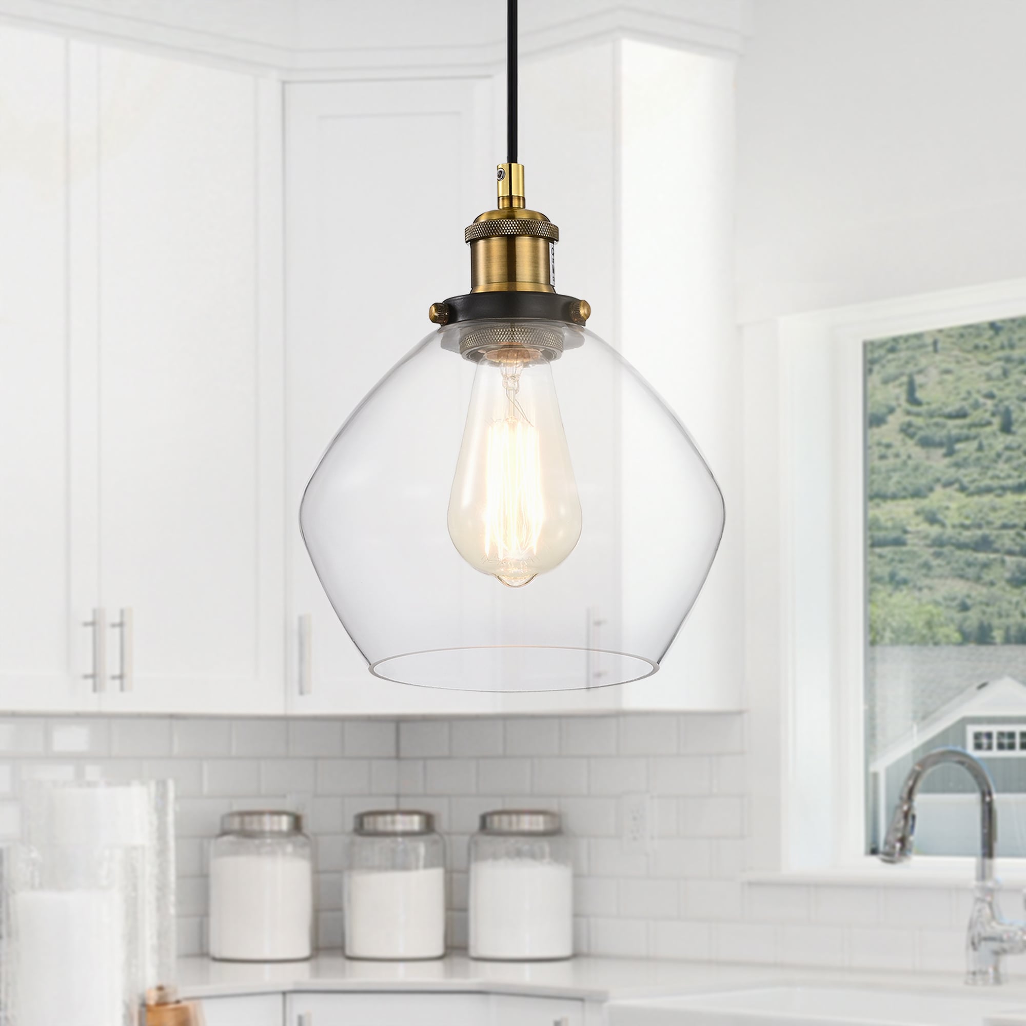 Edvivi Mateo 1 -Light Black and Antique Brass Industrial Clear glass Cone Small Hanging Pendant Light