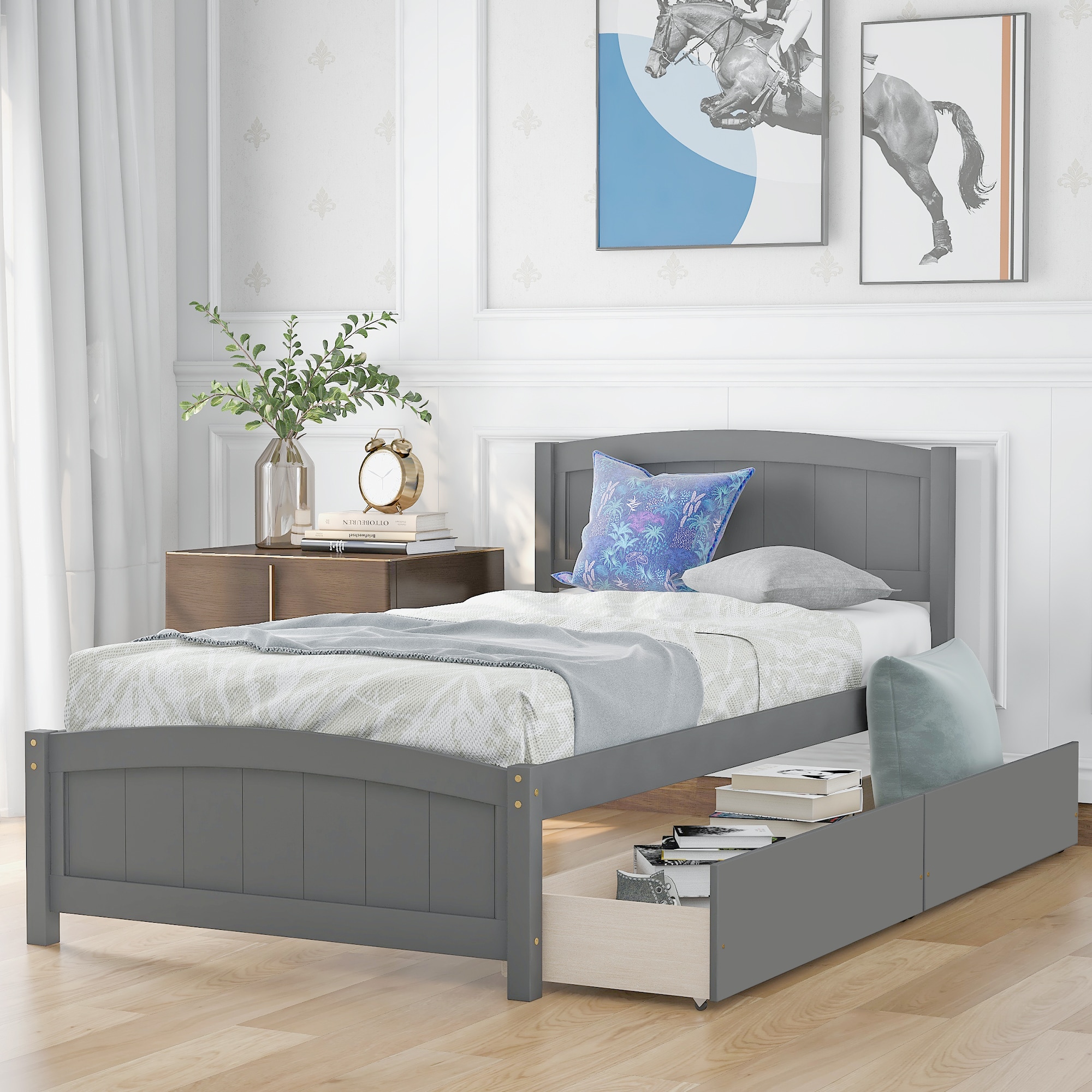 JIMSMAISON JMLFFB13GR Gray Twin Wood Platform Bed with Storage
