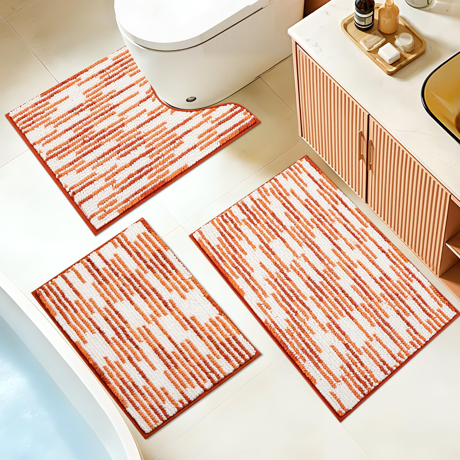 PUPWE 3 Piece Chenille Bathroom Rug Set Non Slip Ultra Soft Absorbent Striped Machine Washable