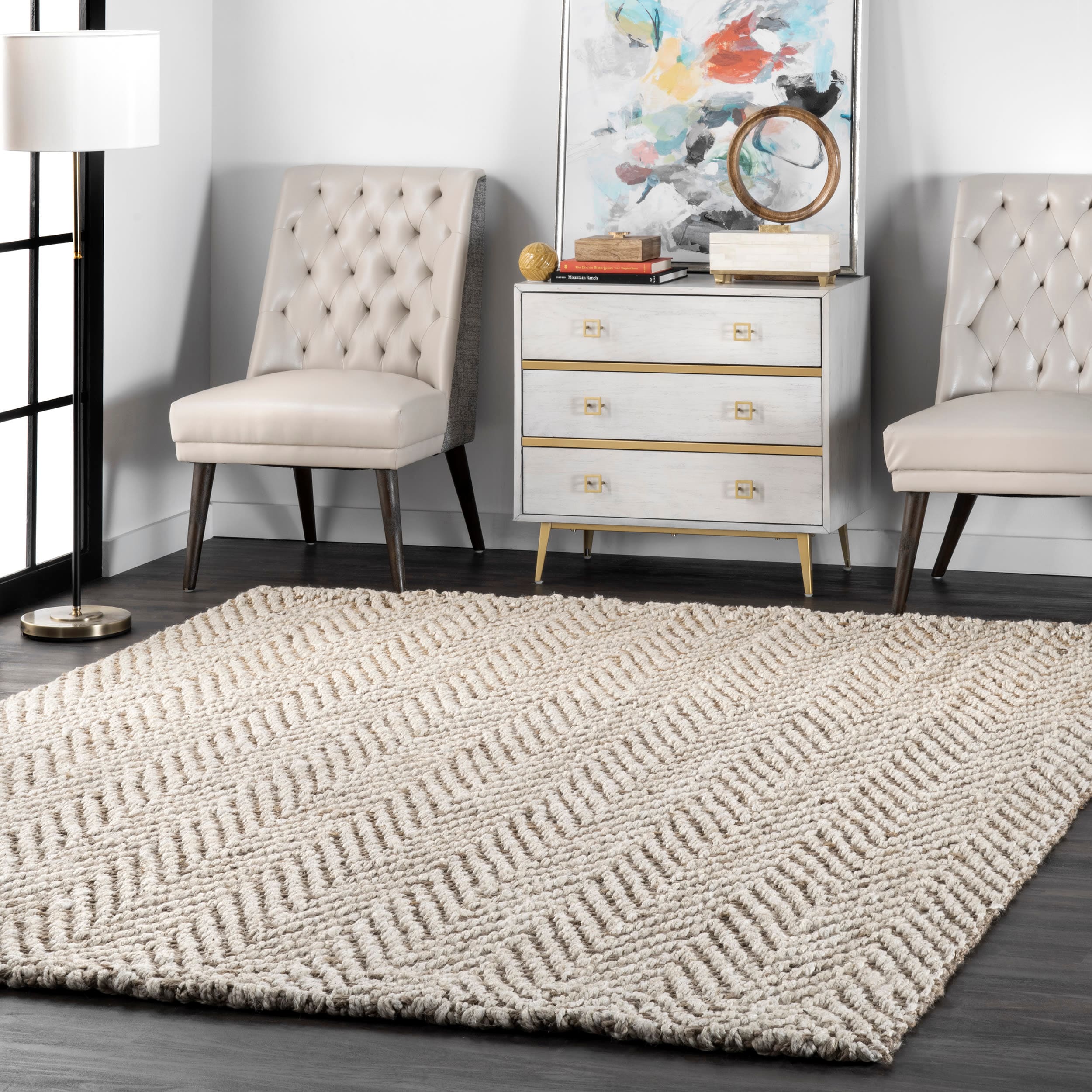 nuLOOM CLWA03A-508 Waikiki 5 x 8 (ft) Loomed Jute Off White Rectangular Indoor Chevron Farmhouse/Cottage Area rug