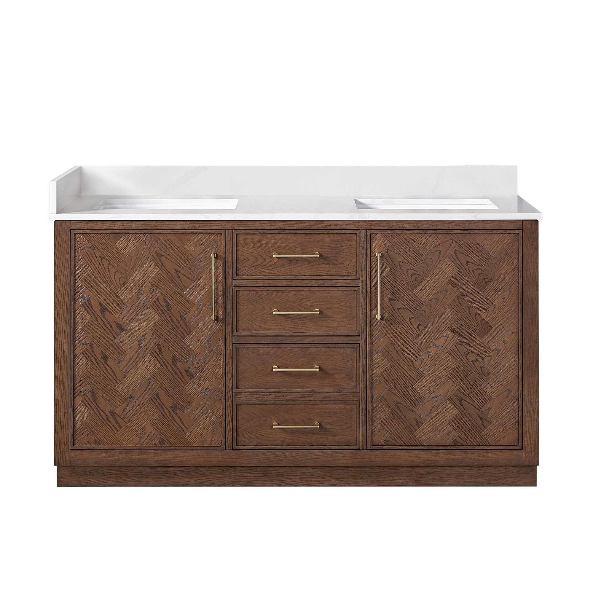 Vinnova 60-in Aged Dark Brown Oak Finish Undermount Double Sink Bathroom Vanity with Silk White Quartz Stone Quartz Top (Fully Assembled)