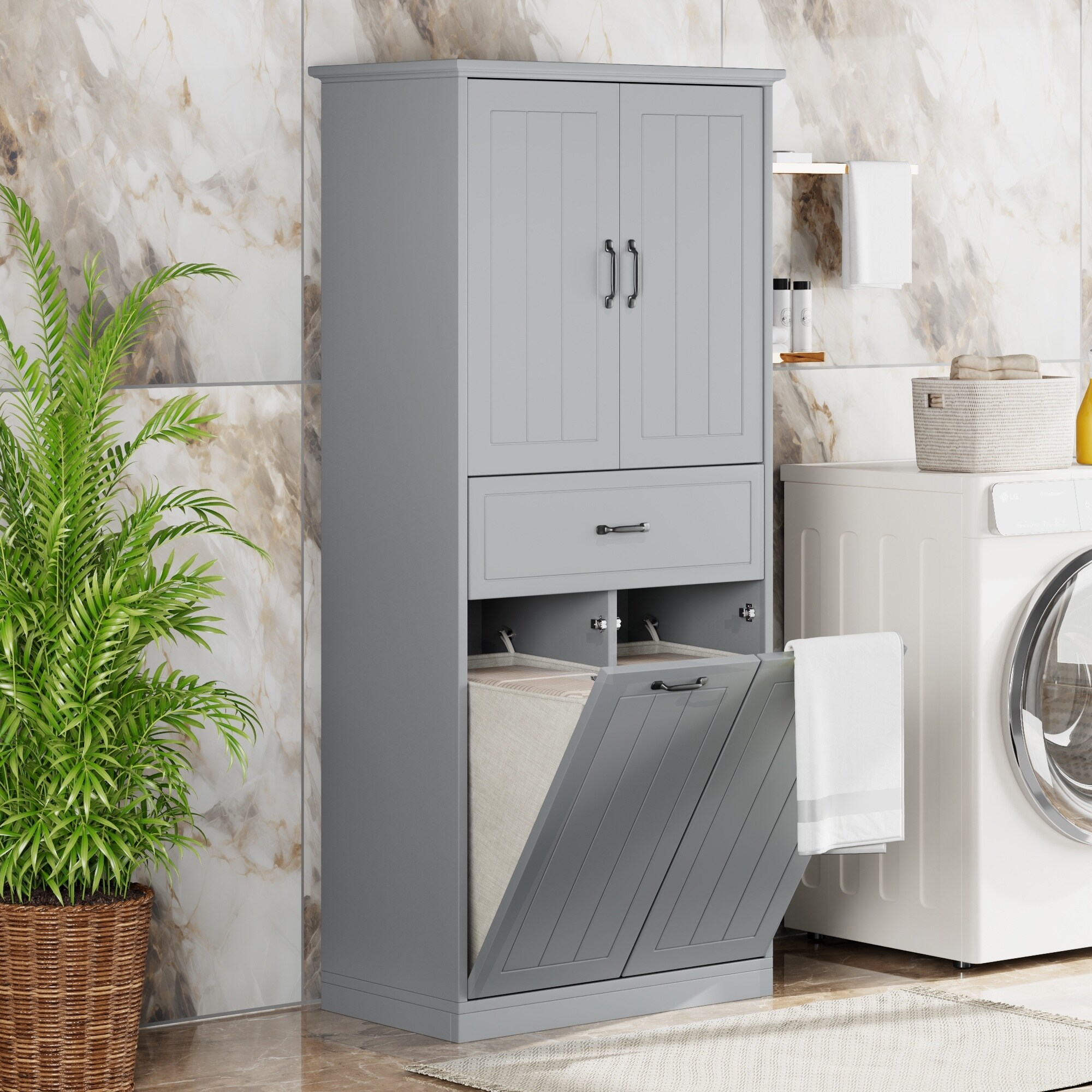 LIVACA 30 inch x 16 inch x 66 inch Grey MDF Bathroom Storage Cabinet with Two Laundry Baskets and Soft Close Hinges