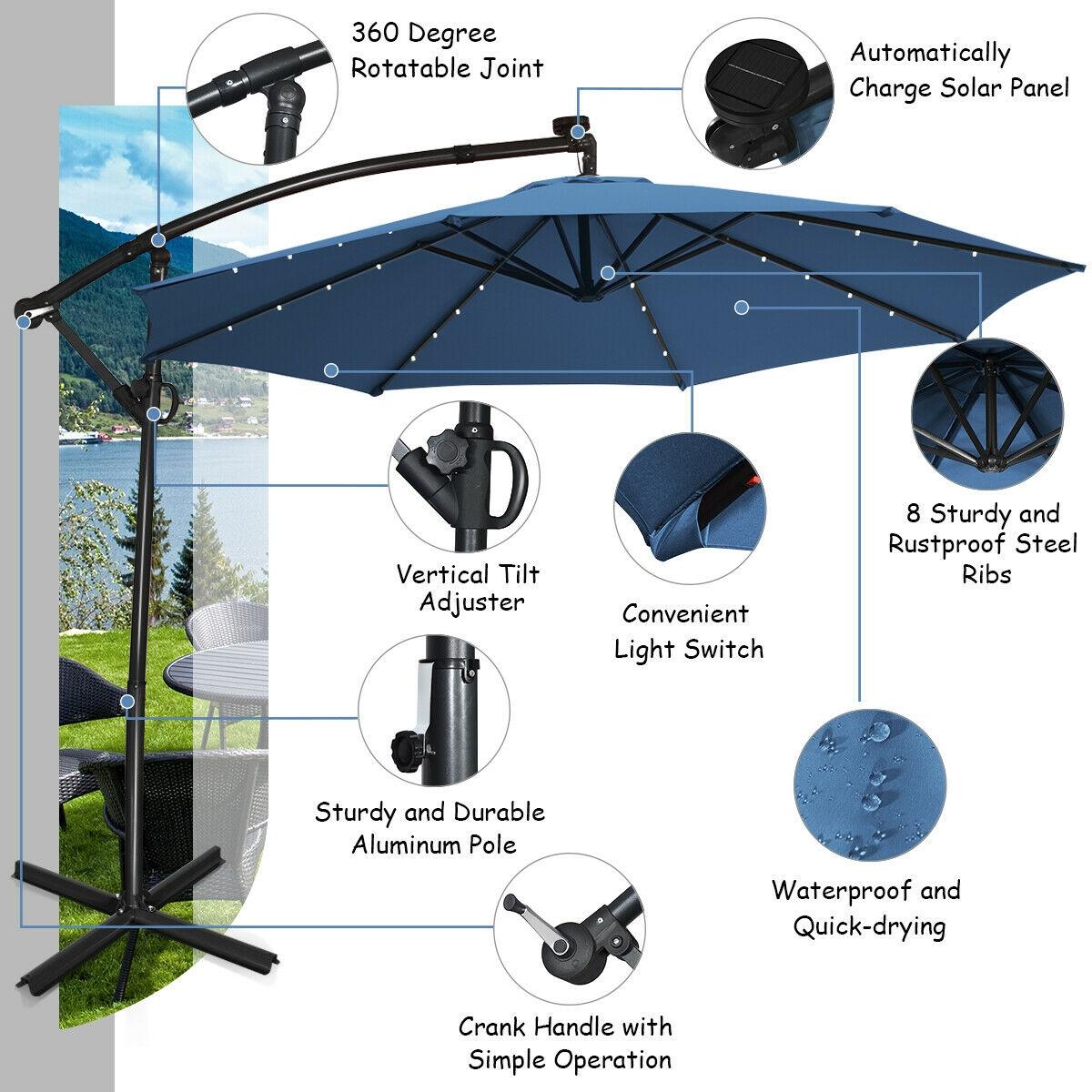 BABOOM 10-ft Blue Solar Powered Crank Cantilever Patio Umbrella in