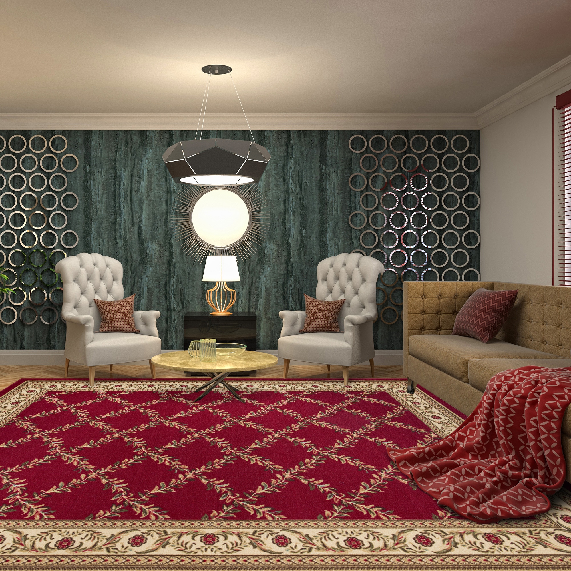 Ottomanson LVN5240-7X10 Non-Slip Rug For Dining Room 7 x 10 (ft) Loomed Nylon Red Trellis Rectangular Indoor Trellis Oriental Area rug