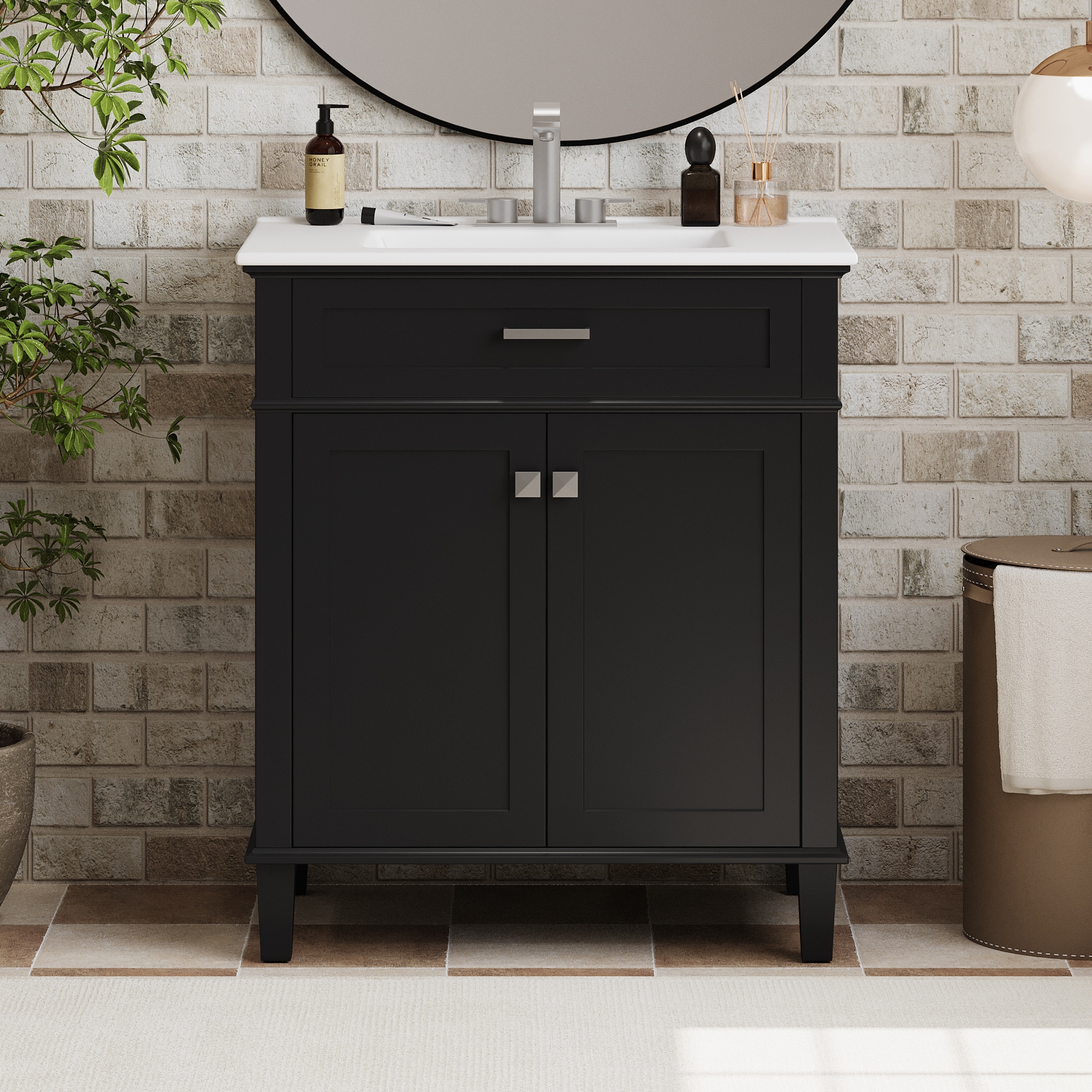 GDFStudio 345529 Owen Solid Wood Bathroom Vanity Cabinet with Ceramic Basin 30 Inch Soft Close