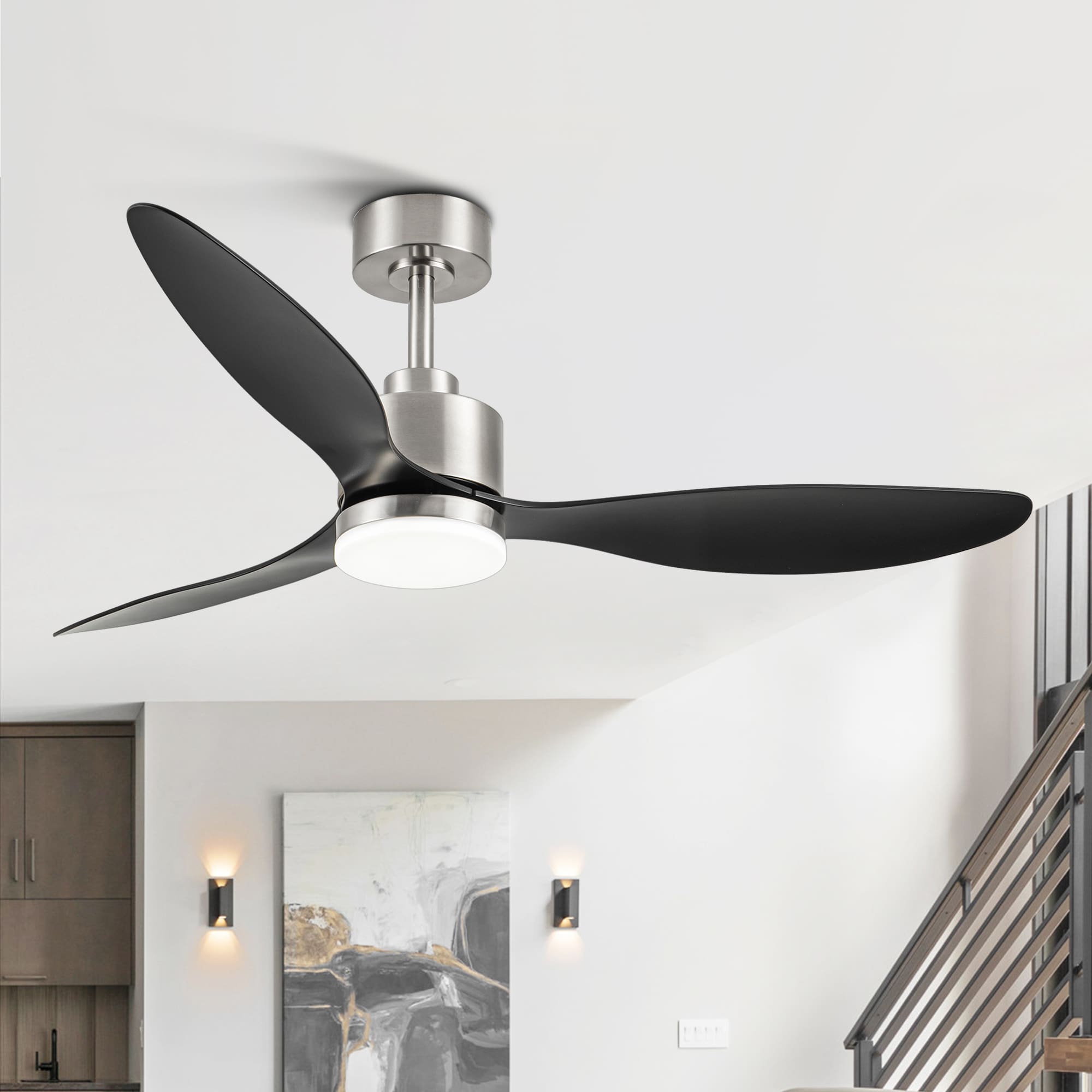 Breezary 30007-NB 52-in Color-Changing Integrated LED Brushed Nickel with Black Blades Propeller Ceiling Fan With Light - Remote Included ( 3 -Blade )