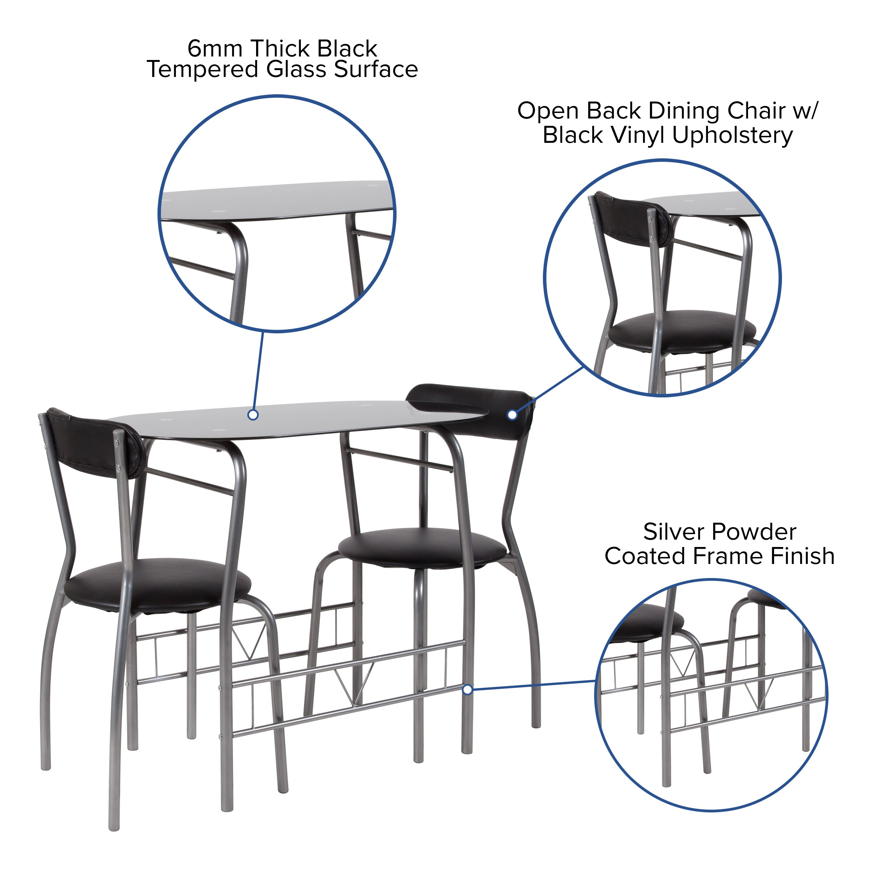 Black Metal and Glass 3-Piece Bistro Set with Vinyl Chairs