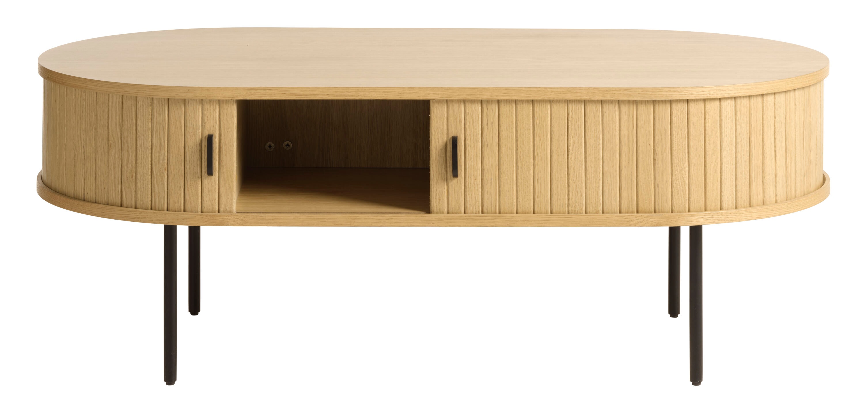 Natural Oak Oval Coffee Table with Black Metal Legs and Storage