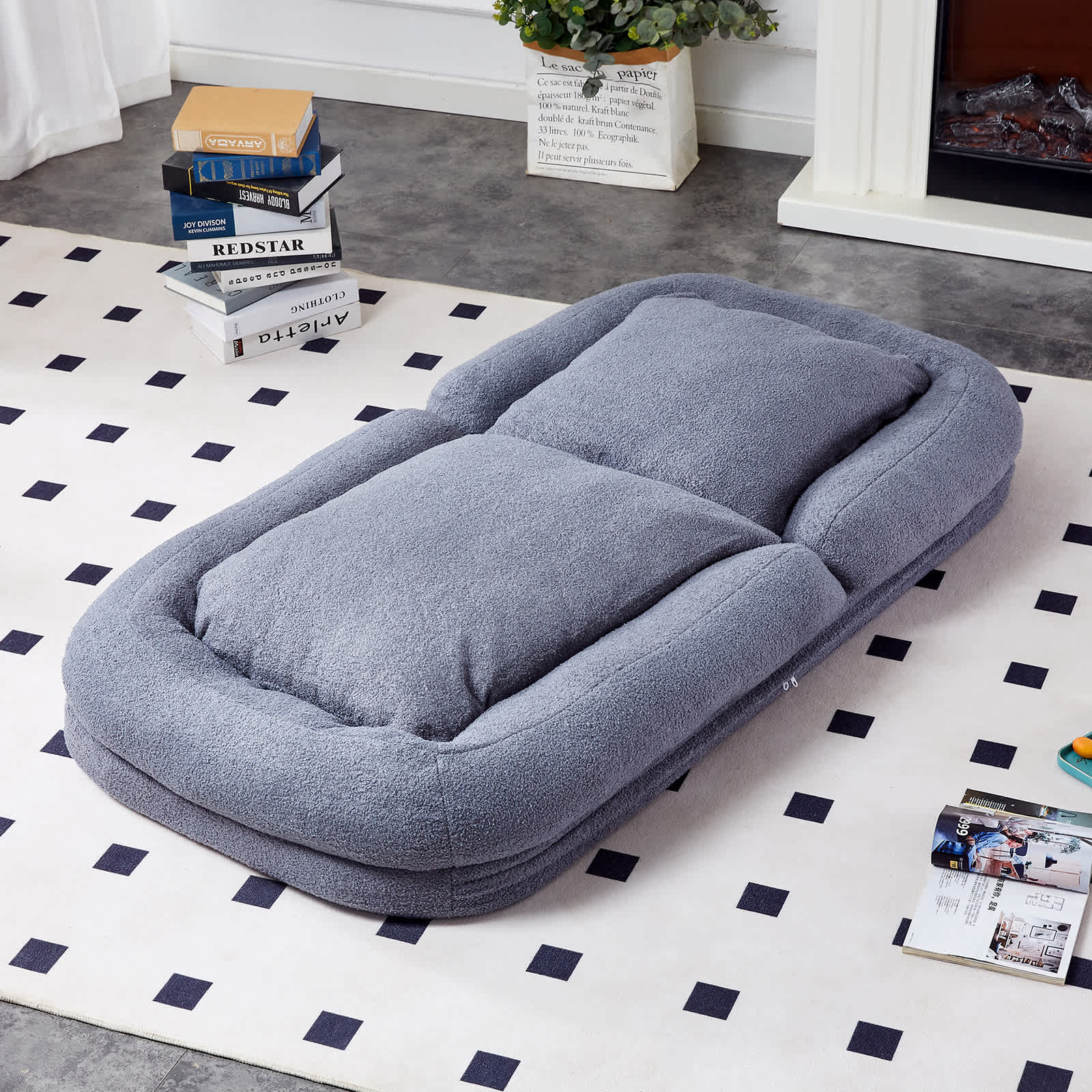 Vynxaria LEXY1462-DJKT-YZ016 Gray Plush Fabric Folding Floor Chair Set of 1 with 5 Adjustable Positions 90 to 180 Degree Backrest Iron Frame Gaming Meditation Nap Ready