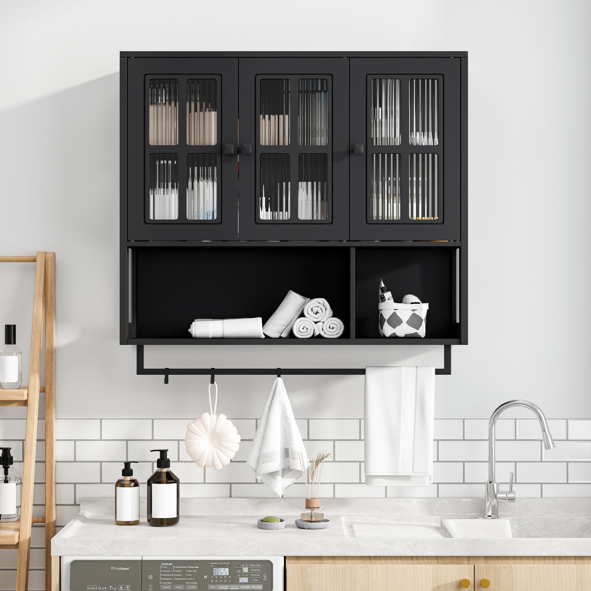 HyperDrop Cart Black Wooden Bathroom Wall Cabinet Heavy-Duty 3-Door Medicine Organizer With Glass Door Towel Bar Open Hidden Storage